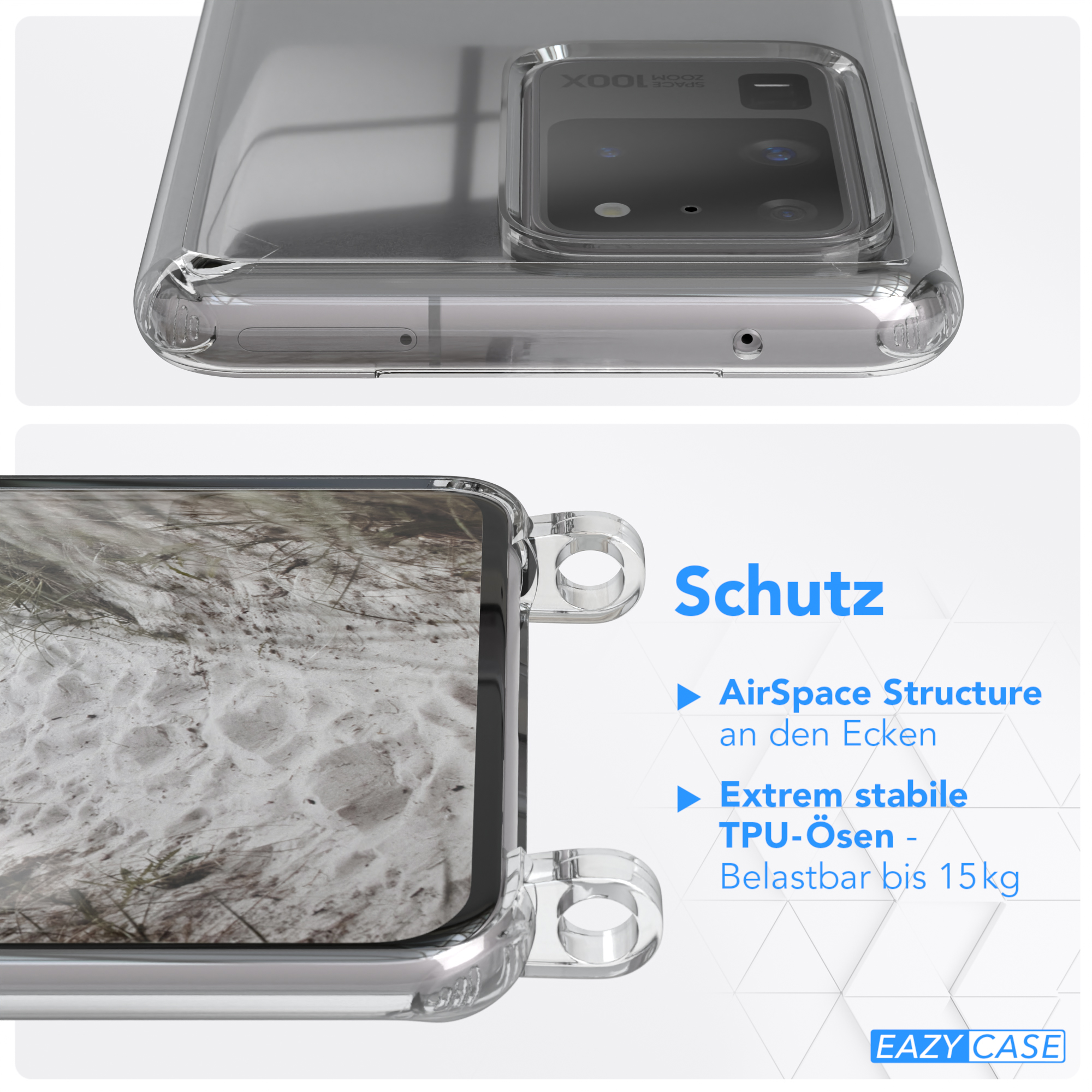 Transparente Handyhülle auf einem Handy, zeigt die Funktionen mit Text.