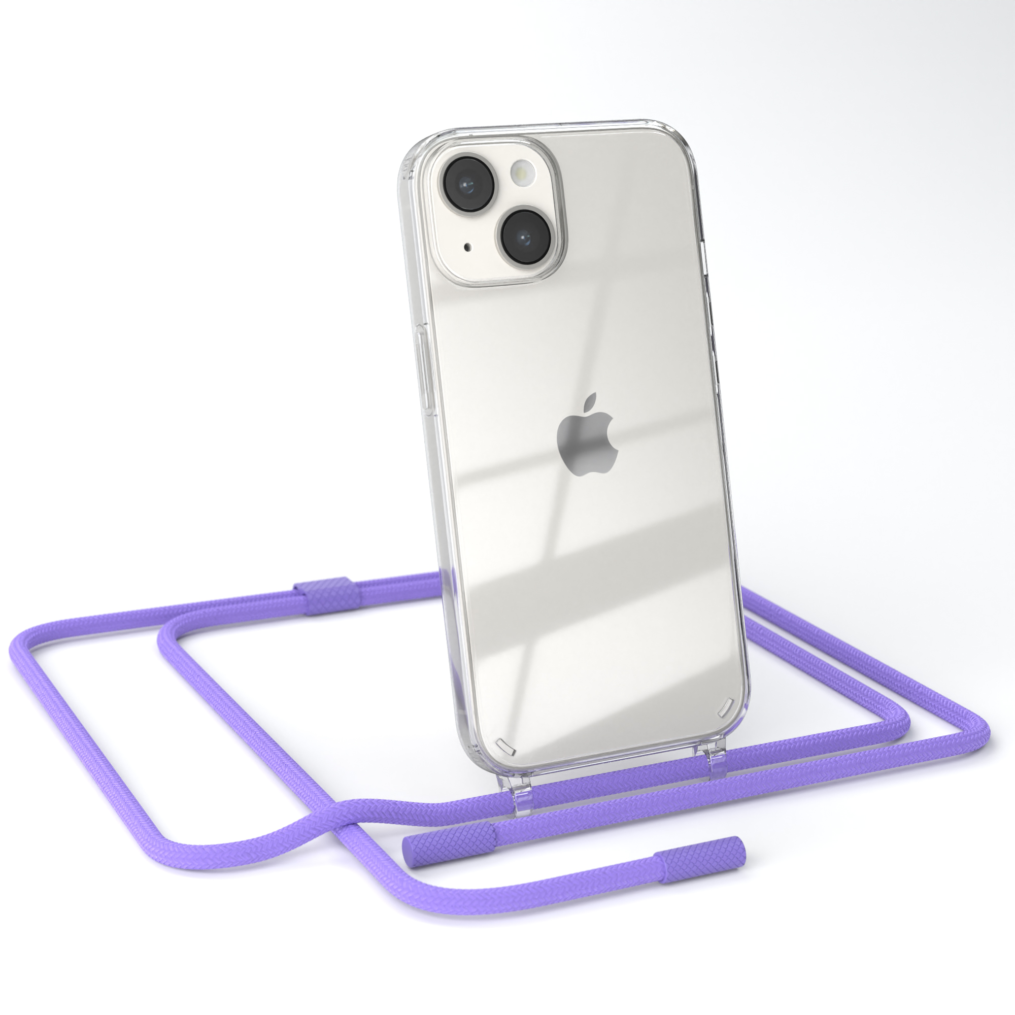 Transparente iPhone-Hülle mit lila Kordel. Das Telefon befindet sich in der Mitte, mit einer transparenten Hülle.