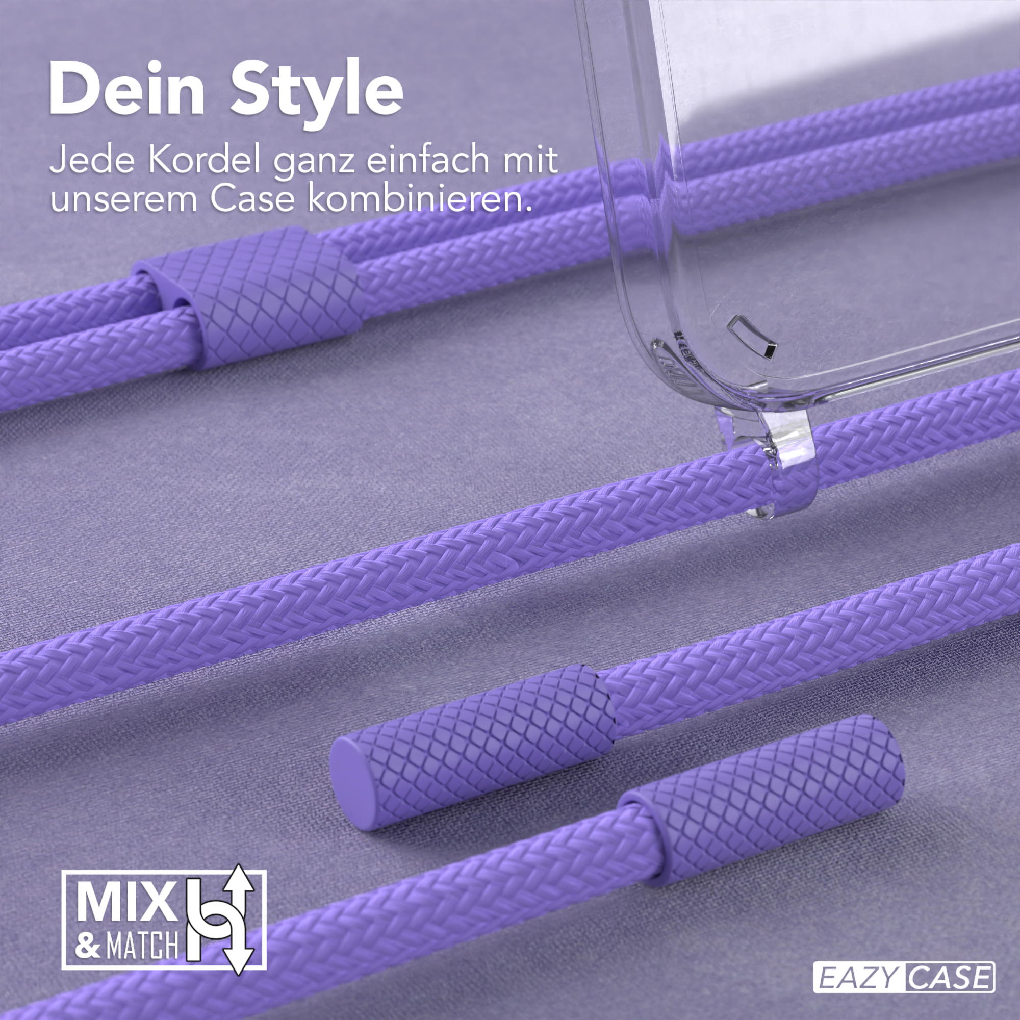 Nahaufnahme von Telefonzubehör: transparente Hülle und ein lila geflochtenes Lanyard. Die Hülle wird vor lila Hintergrund gezeigt.