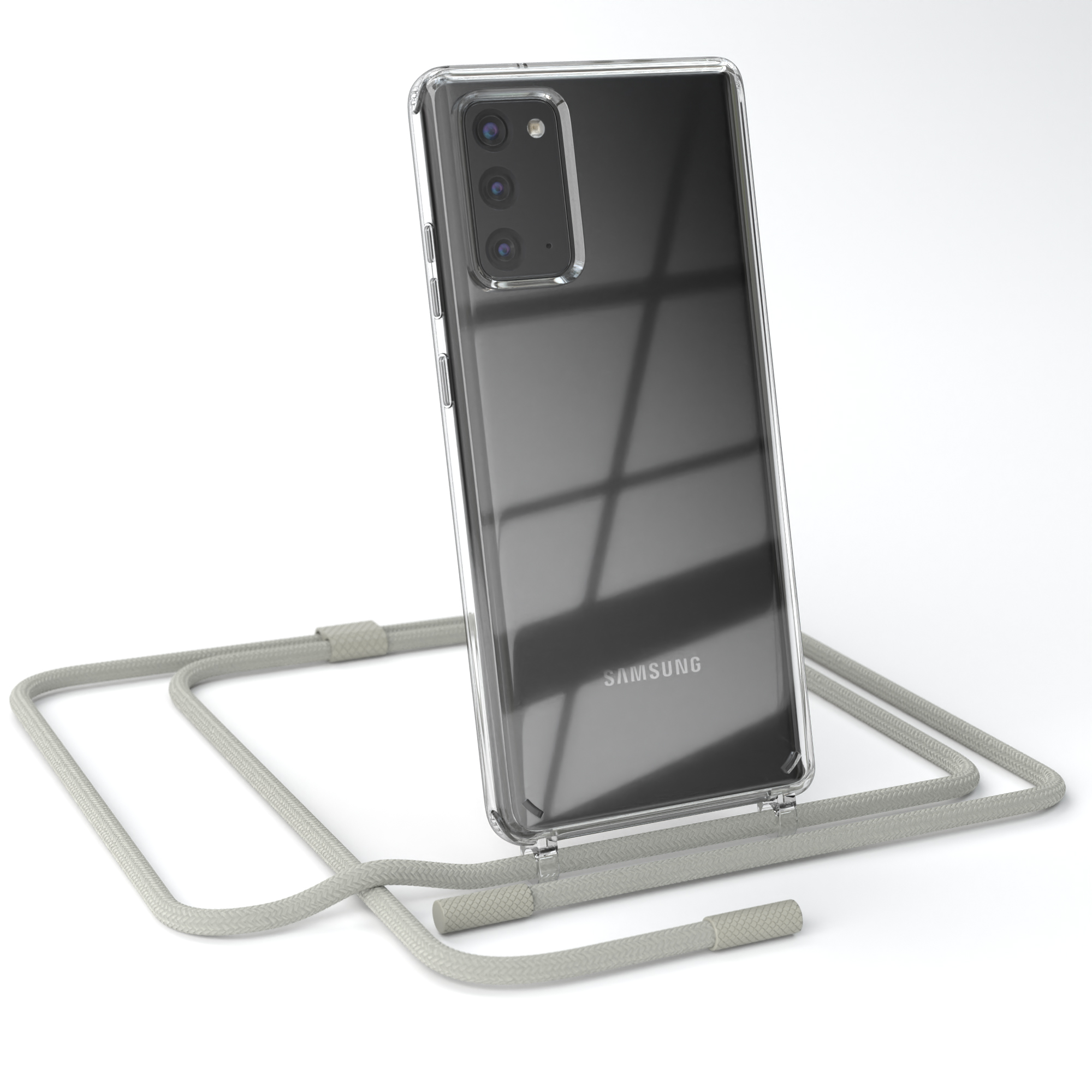 Telefon mit klarer Hülle und grauem Kordel. Das Telefon ist schwarz.