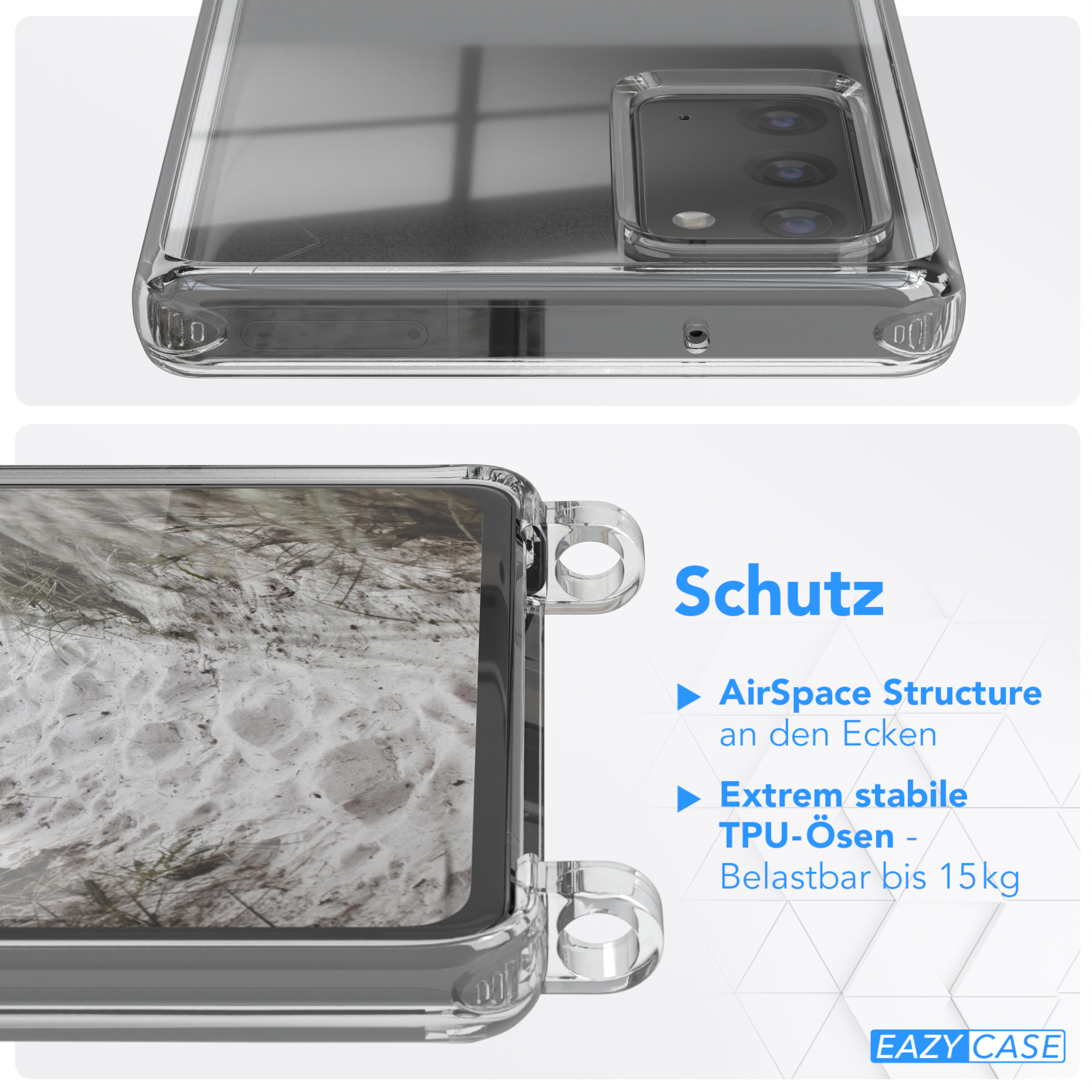 Nahaufnahme einer Handyhülle. Text erwähnt 'AirSpace Structure' und 'Extrem stabile TPU-Ösen'.