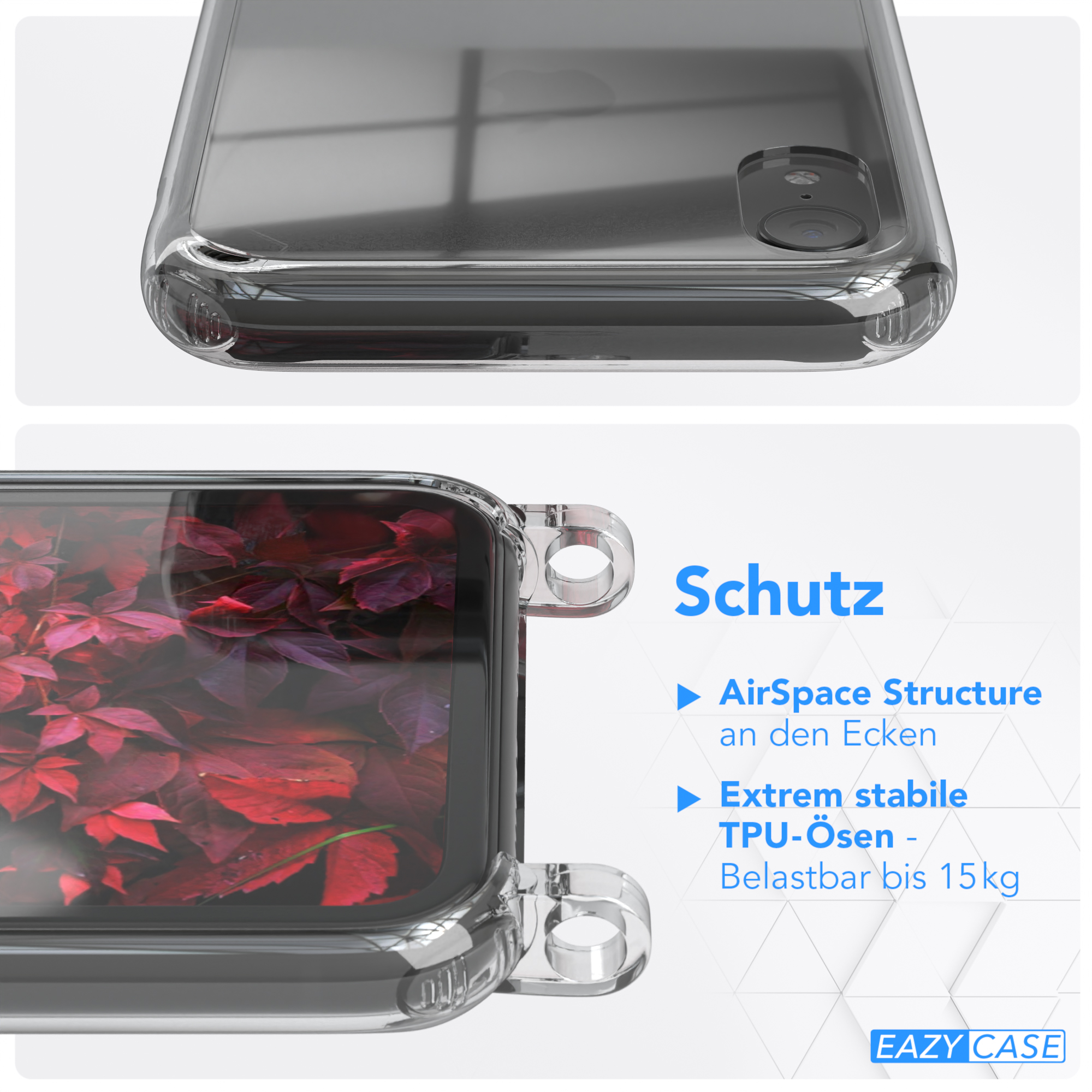 Transparente Handyhülle mit Text, rote Blätter durch die Hülle sichtbar.