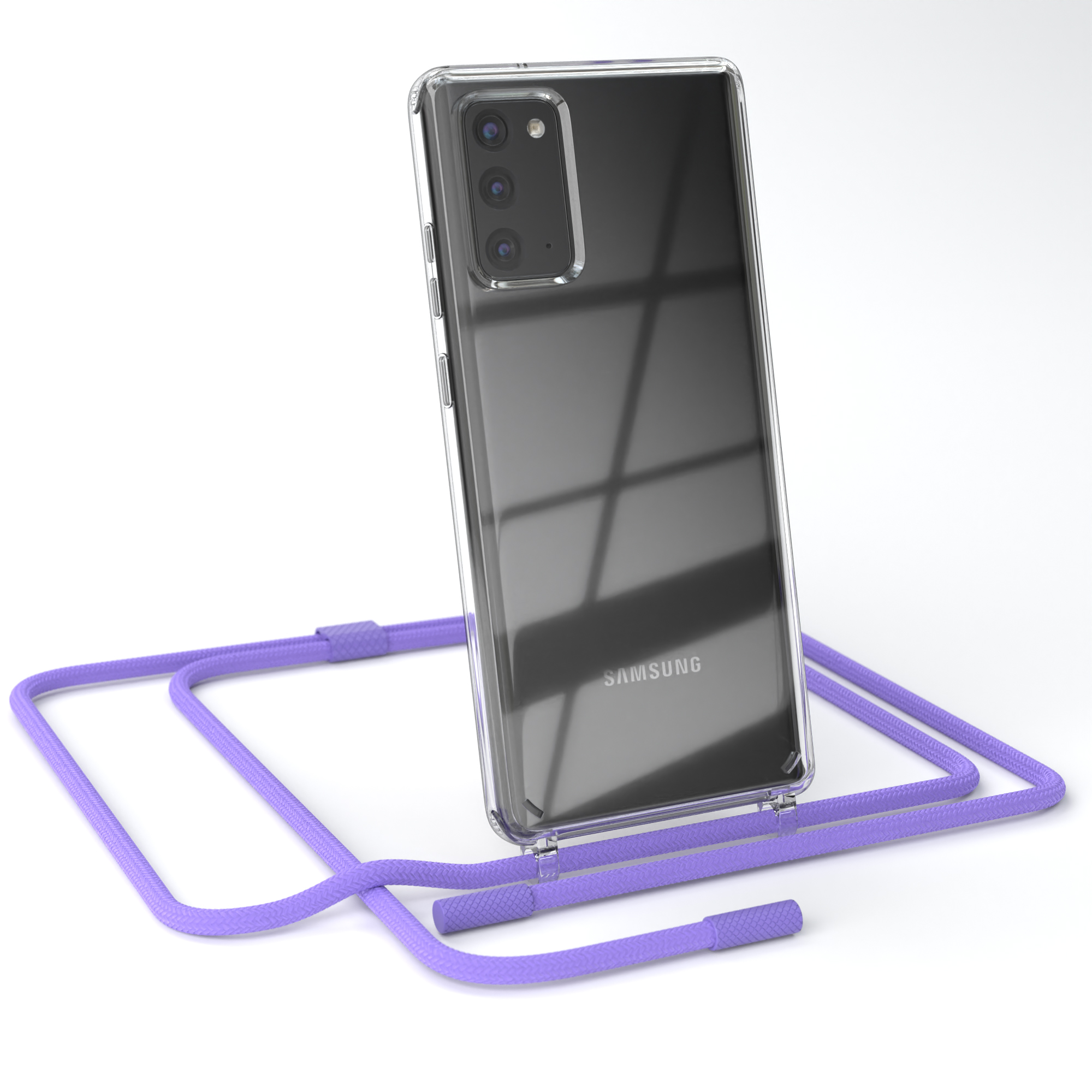 Transparente Handyhülle mit lila Lanyard, zeigt ein Telefon mit drei Rückkameras.