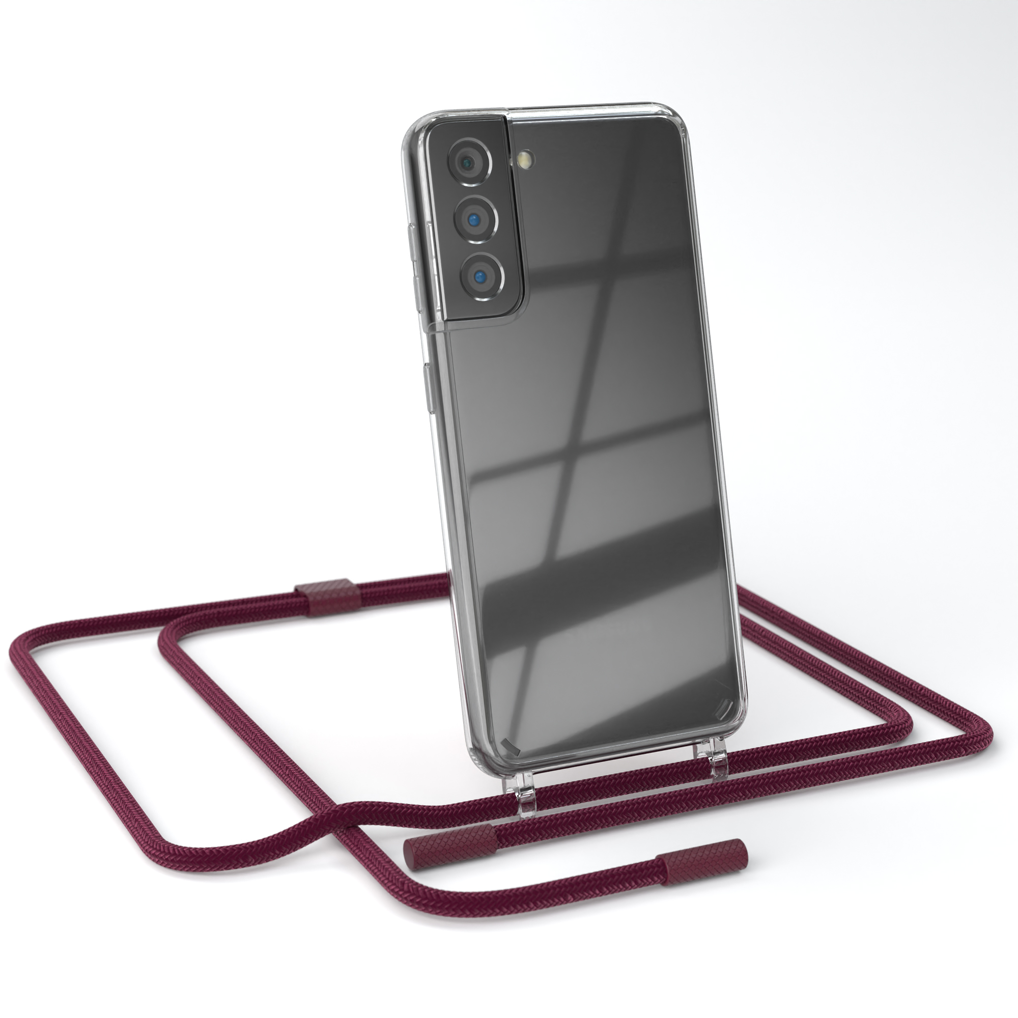 Eine transparente Handyhülle mit bordeauxfarbenem Band auf weißem Hintergrund.