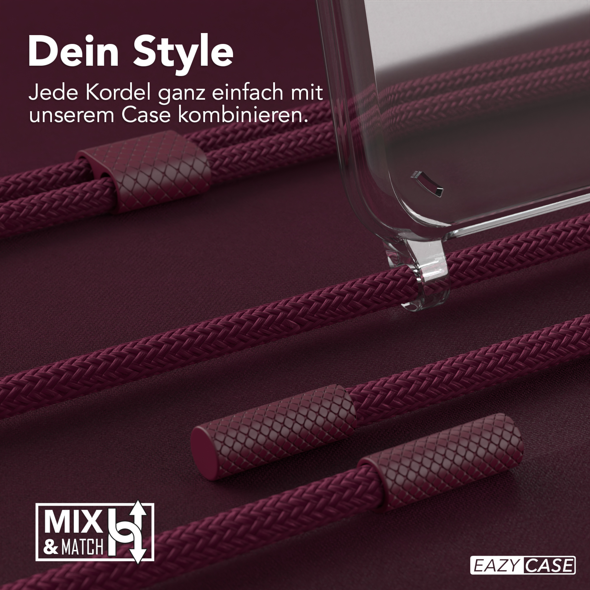 Transparente Handyhülle mit weinroten Kordeln. Kordeln sind miteinander verflochten. Eine transparente Handyhülle ist oben im Bild sichtbar.