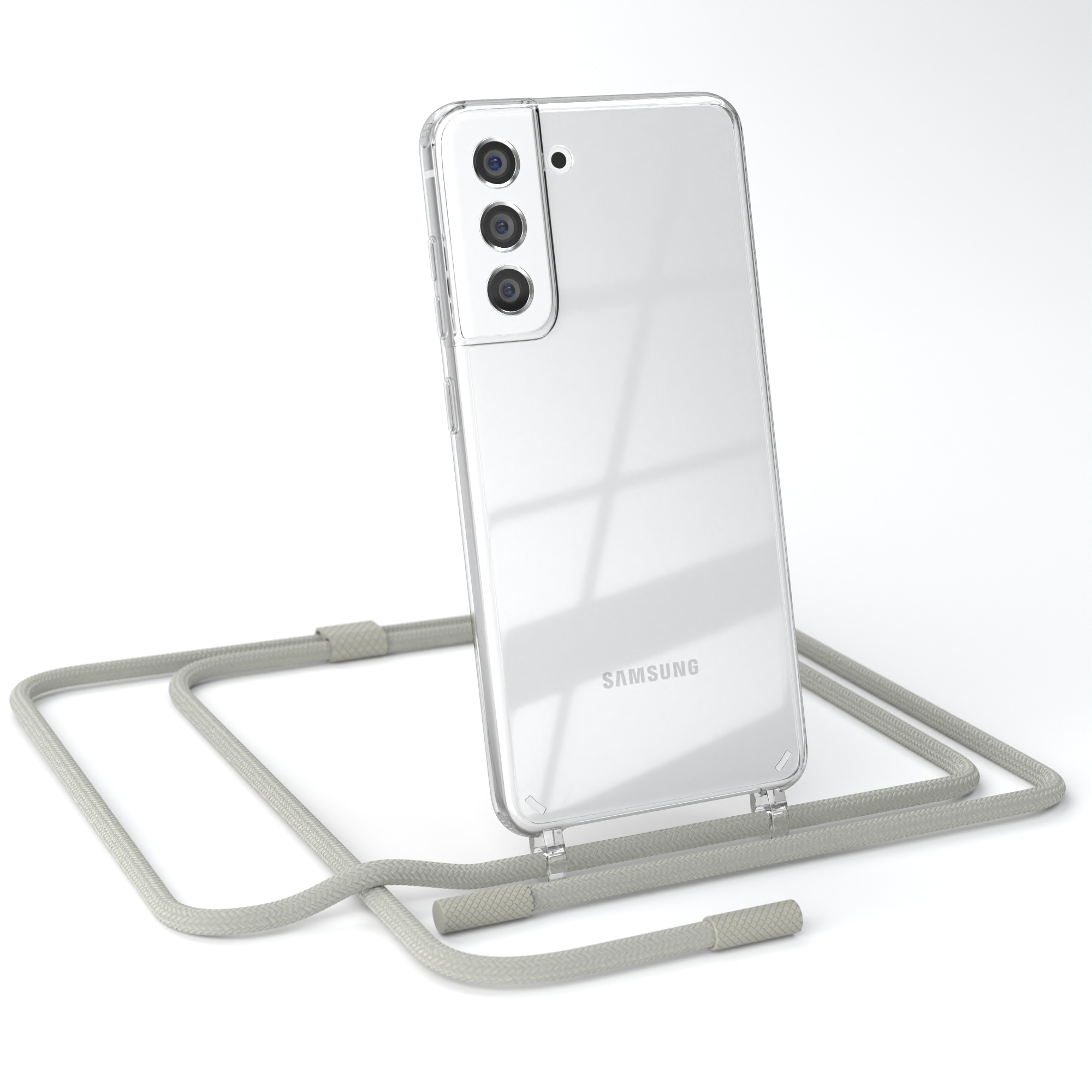 Transparente Handyhülle mit grauem Seil. Ein Samsung-Handy befindet sich in der Hülle. Das Seil dient zum Tragen.