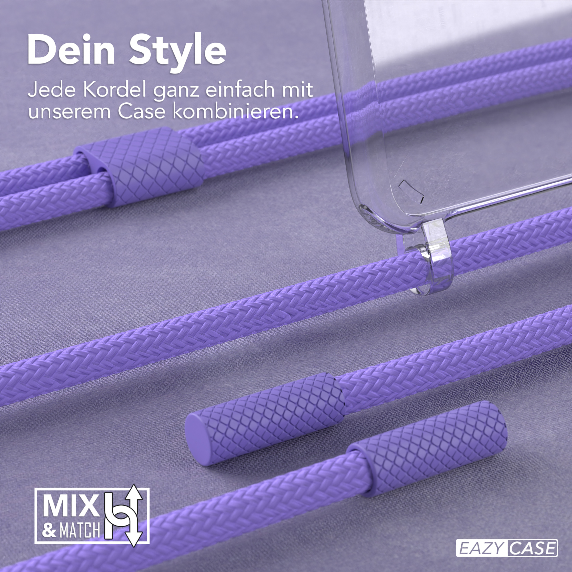 Lila Kabel und eine transparente Handyhülle liegen auf einer grauen Oberfläche.