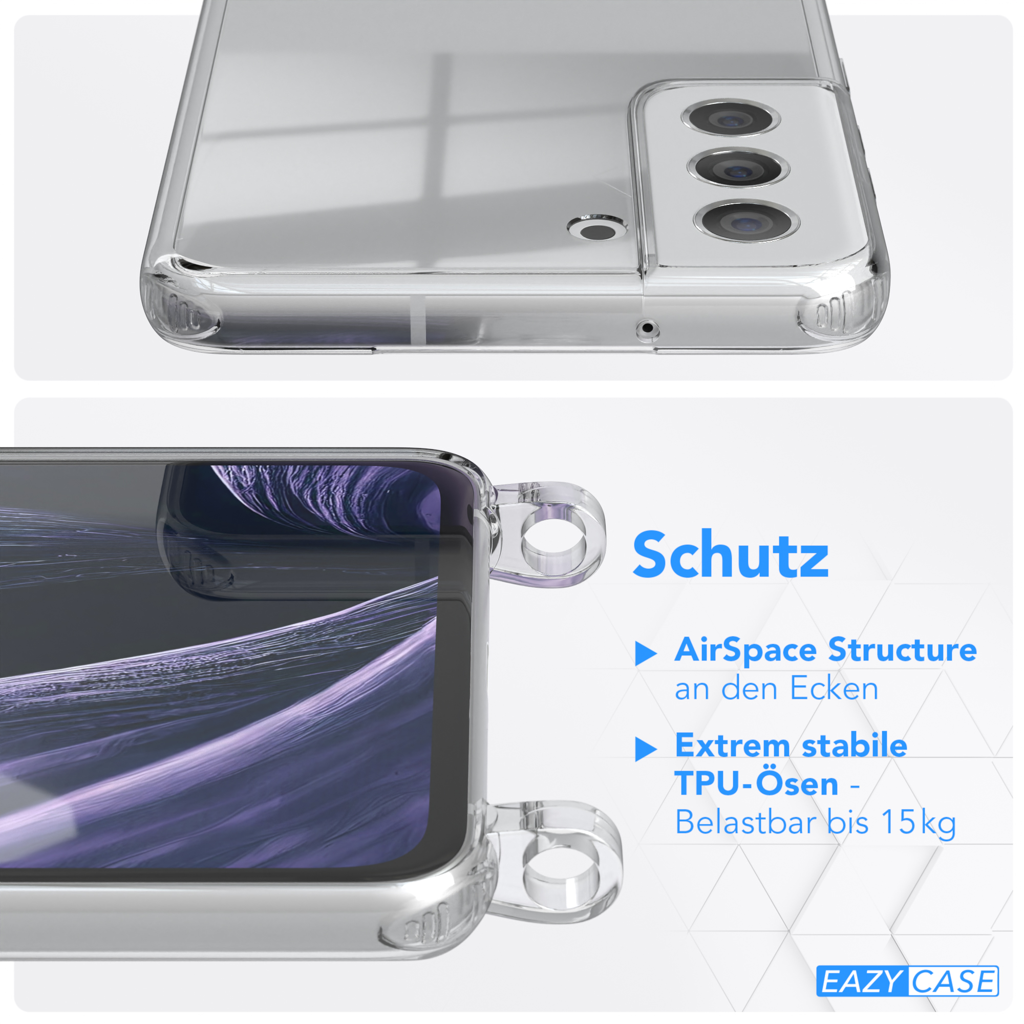 Transparente Handyhülle mit lila Muster-Einsatz. Text: Schutz. AirSpace-Struktur, TPU-Ösen und 15 kg Belastung.