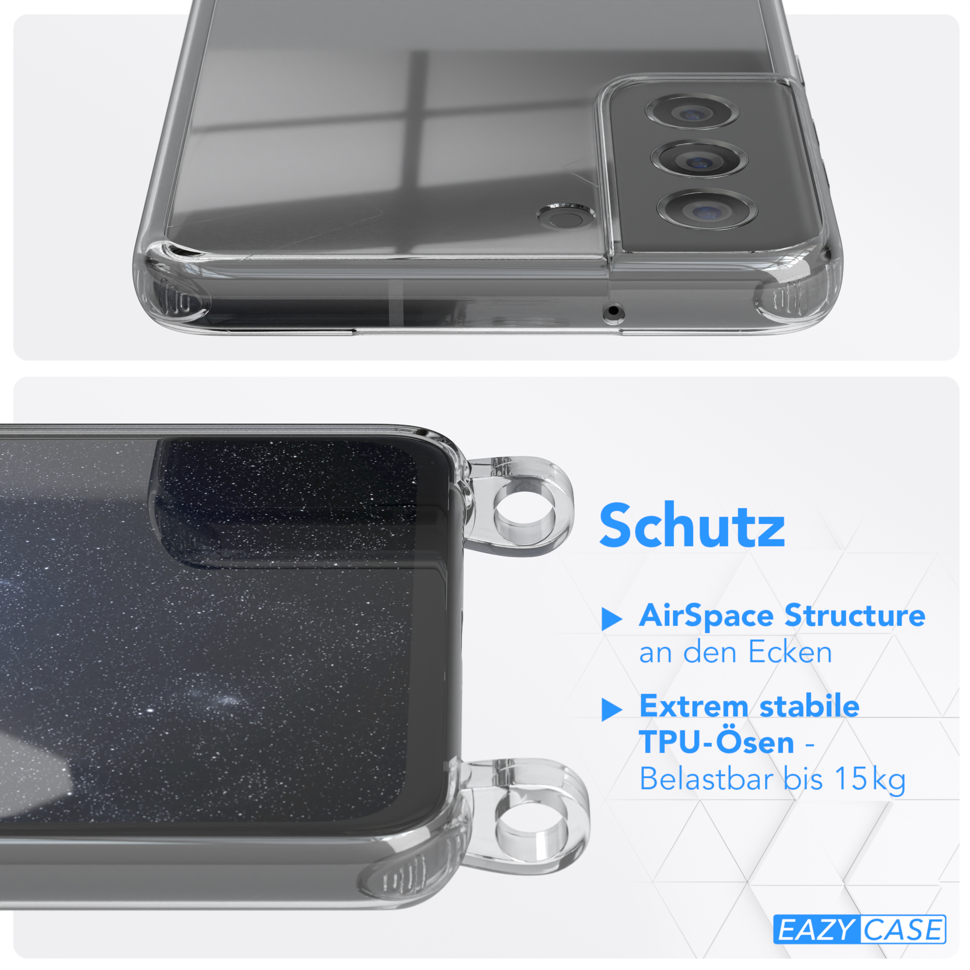 Nahaufnahme einer transparenten Handyhülle mit Text: Schutz und Details: AirSpace Structure, etc.