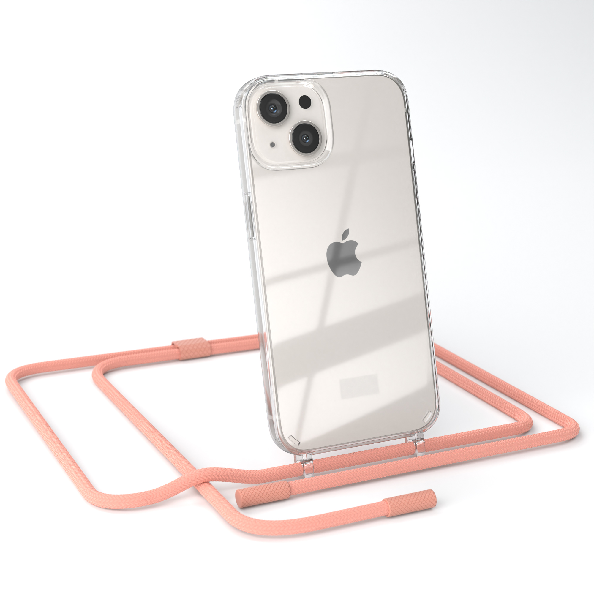 Transparente Handyhülle mit Pfirsichfarbenem Kabel. Telefon hat Kameralinsen auf der Rückseite. Kabel hat silberne Enden.