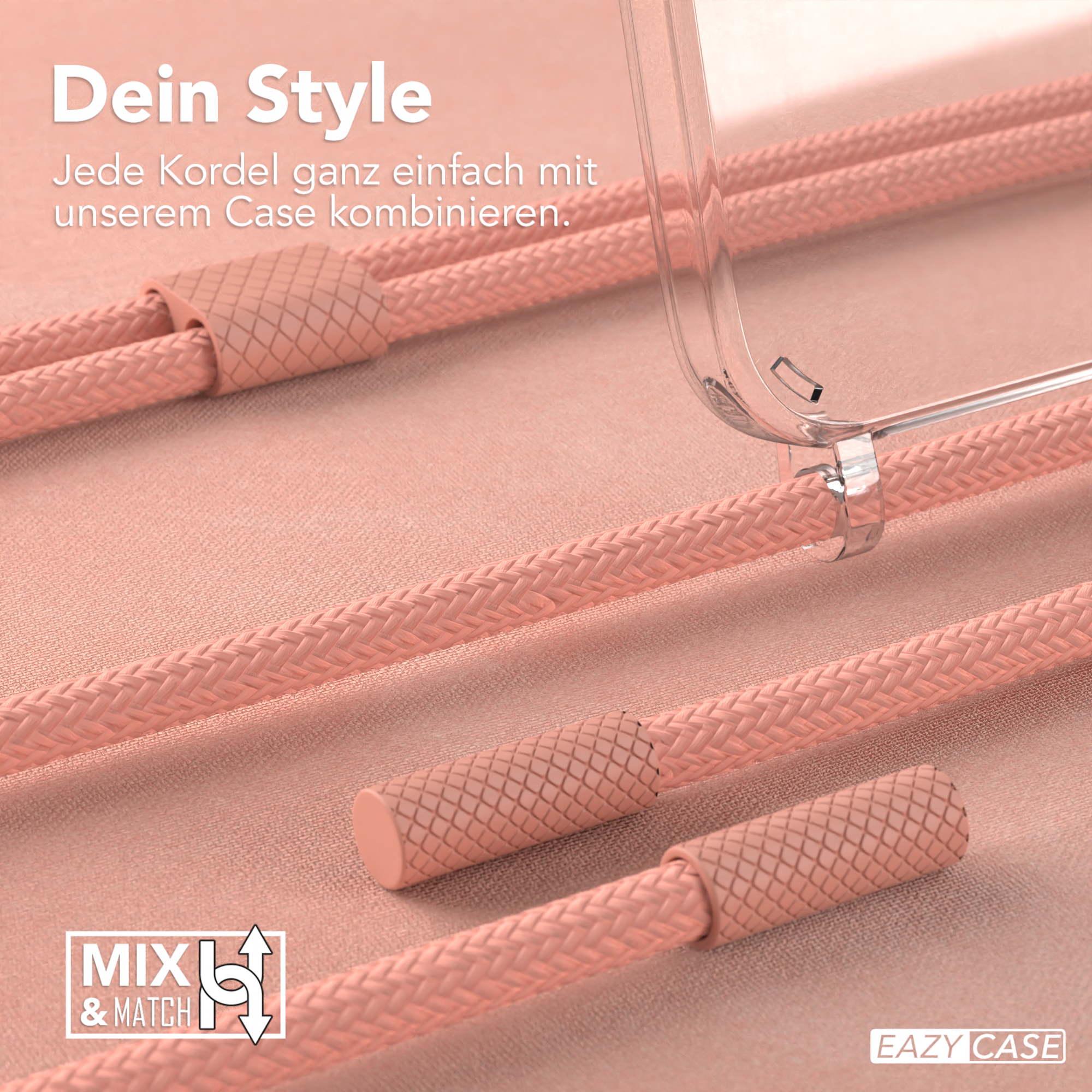 Nahaufnahme von rosa geflochtenen Kordeln, einer transparenten Handyhülle und dem Text 'MIX & MATCH'.