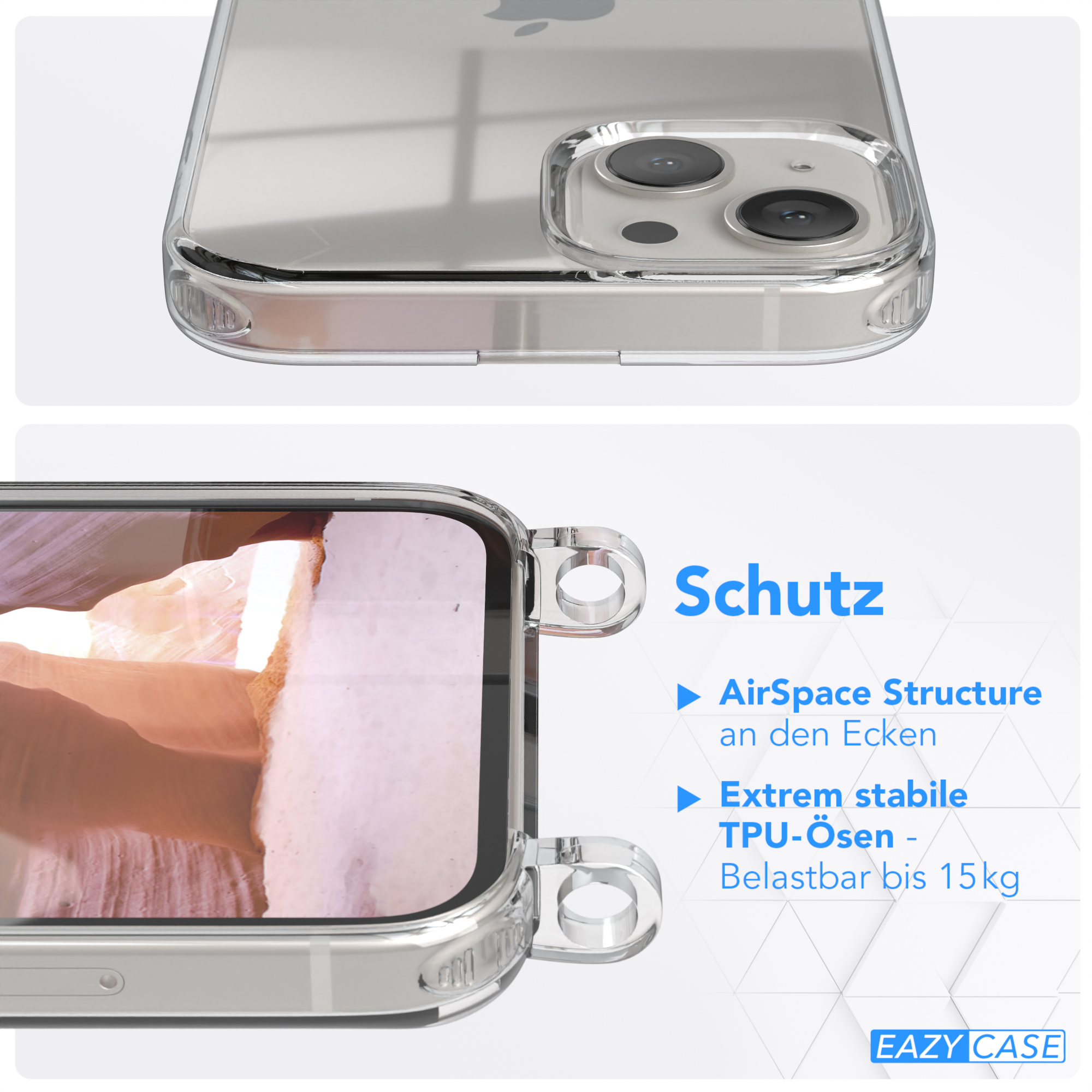 Transparente Handyhülle. Text: AirSpace Structure, TPU-ösen, und EAZY CASE Logo.