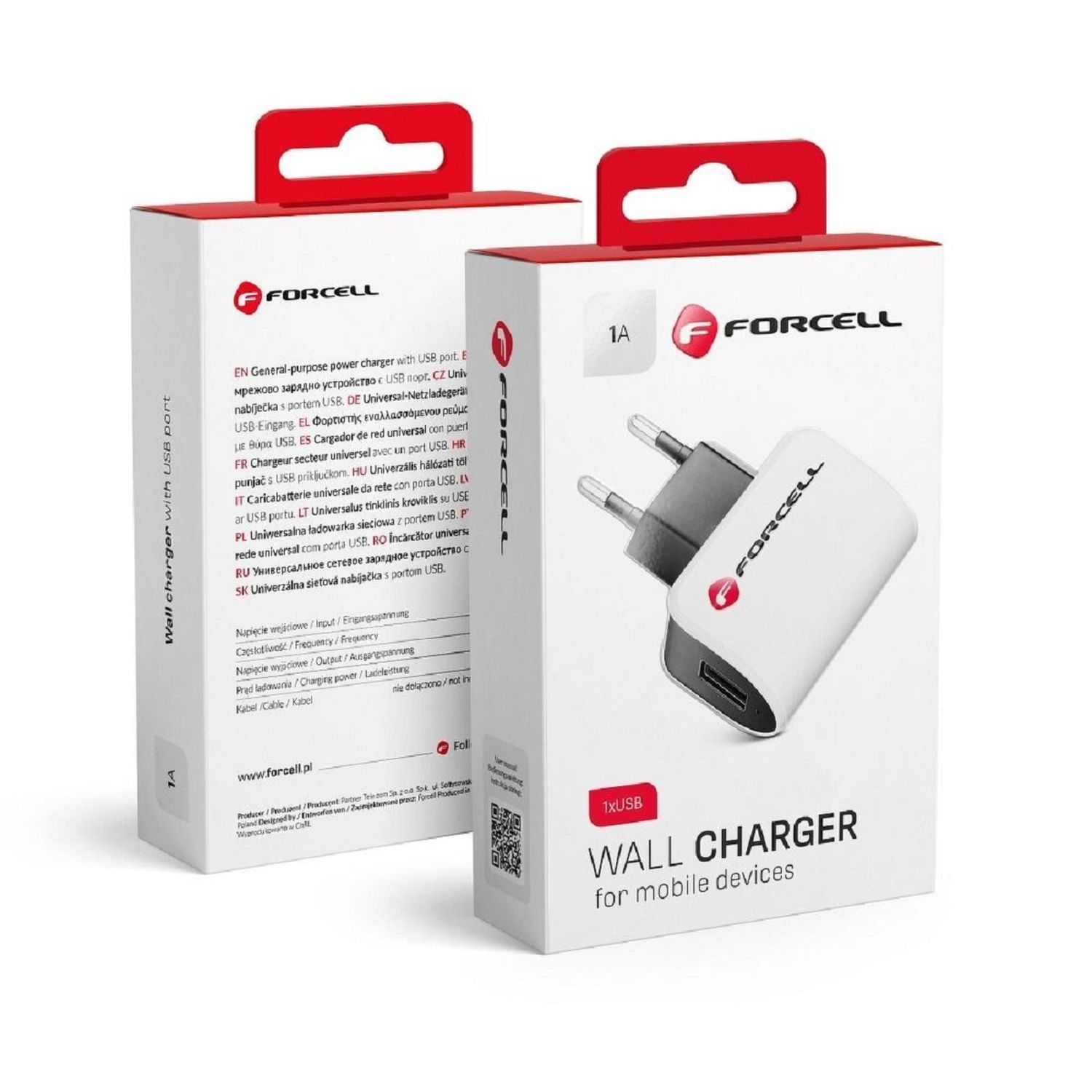 Zwei weiße und rote Schachteln eines Forcell-Wandladegeräts. Schachteln haben USB-Anschluss und Ladegerätdetails.