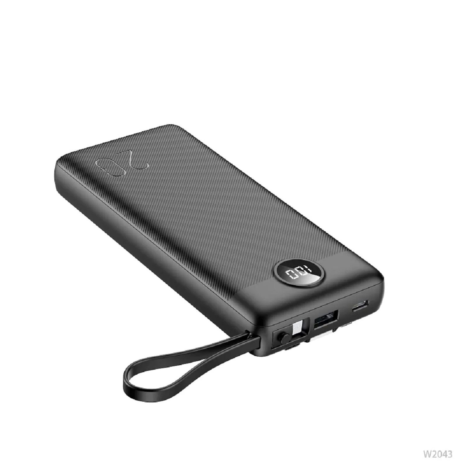 Schwarze Powerbank mit Display, das 100% anzeigt. Es gibt einen Griff und einen Kabelanschluss.