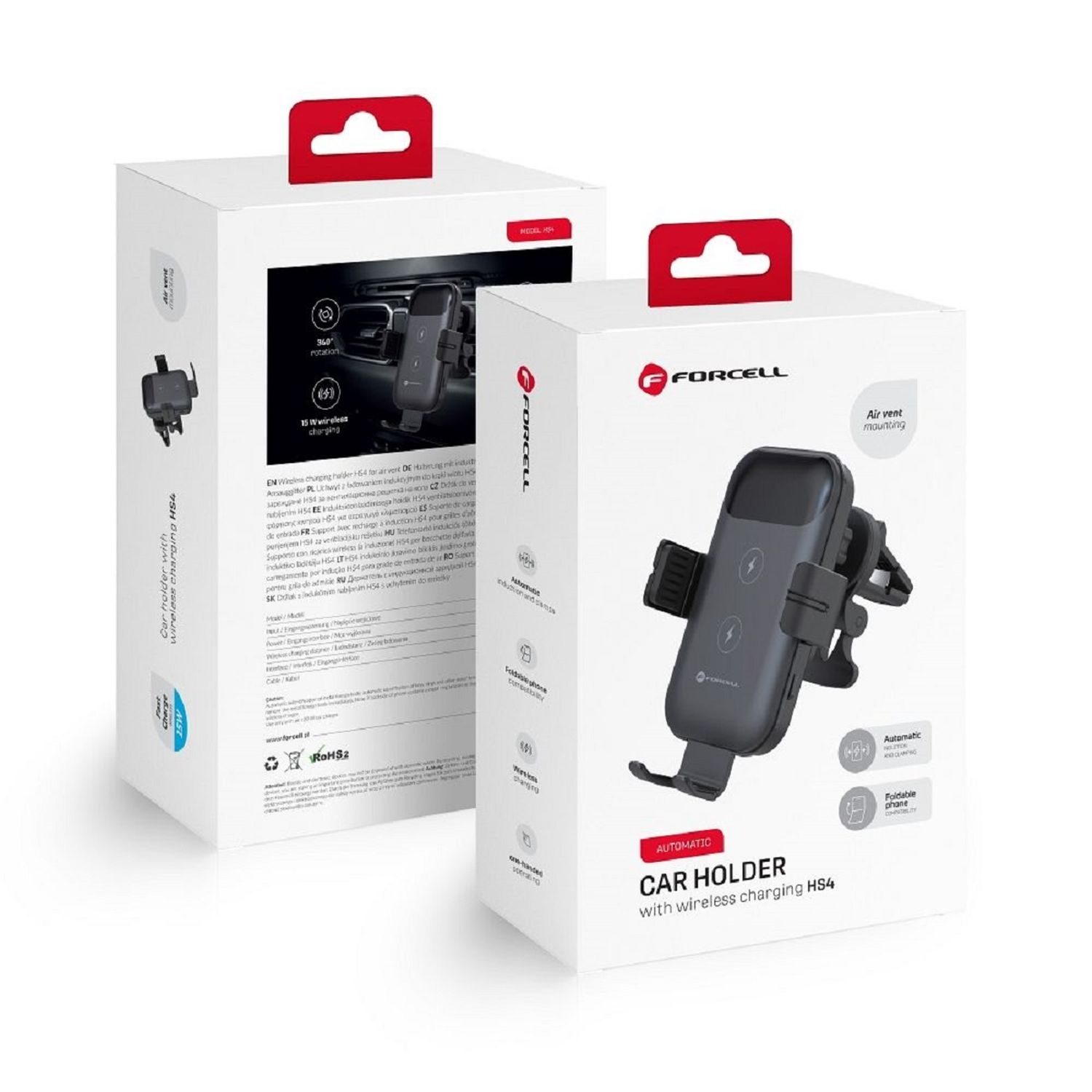 Verpackung für Autotelefonhalter; ein schwarzer Halter mit abgebildetem Telefon.