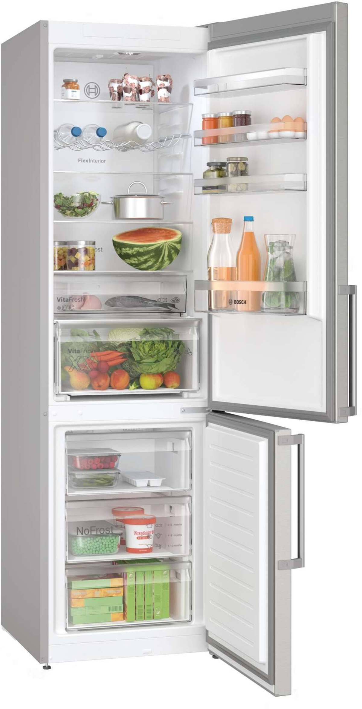 FRIGORIFERO COMBINATO BOSCH KGN397ICT, 2 Porte, L 60 cm, No Frost, Capacità netta totale 363 l, Rumorosità: 35 dB(A), 5 ripiani, Dimensioni: L 60 cm A 203 cm P 67 cm, Acciaio inox, Classe C