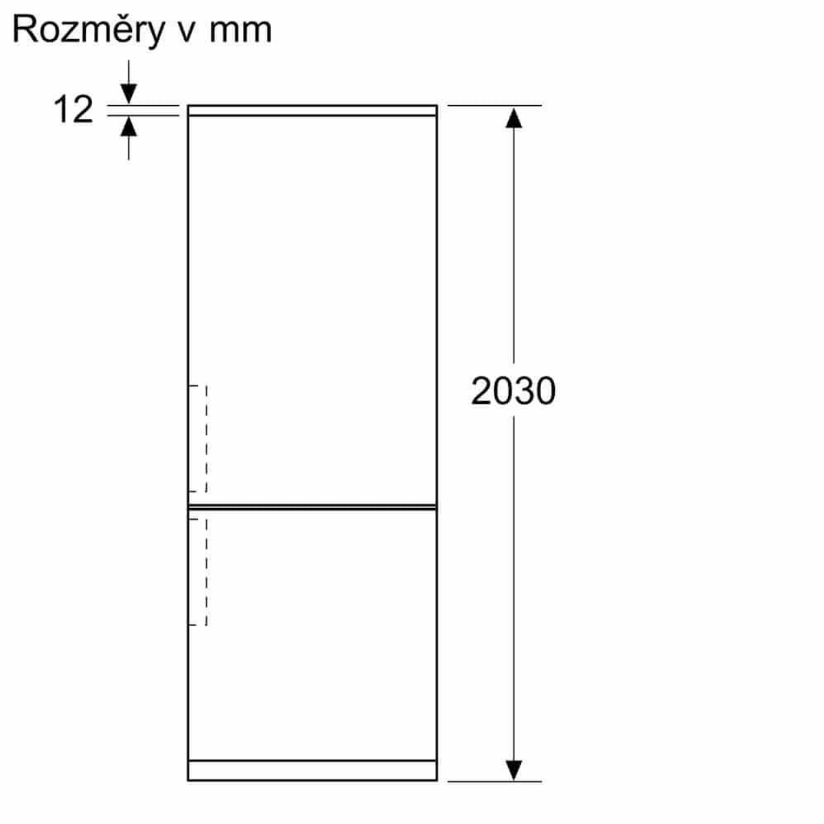 Un dibujo de un refrigerador. Dimensiones: 12 mm de grosor, 2030 mm de altura.