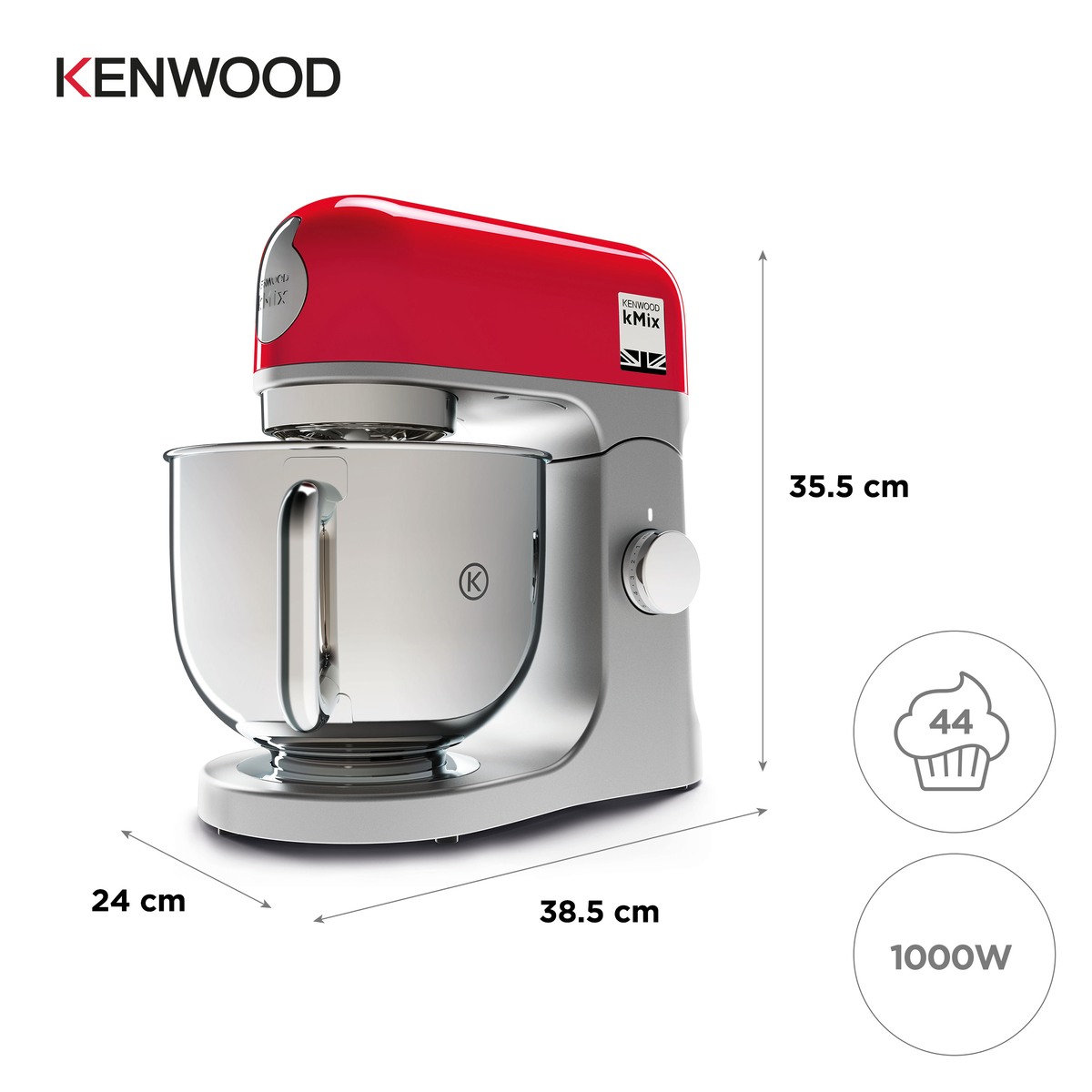 Ein rot-silberner Kenwood Küchenmixer mit Messungen und einem 1000W-Symbol.