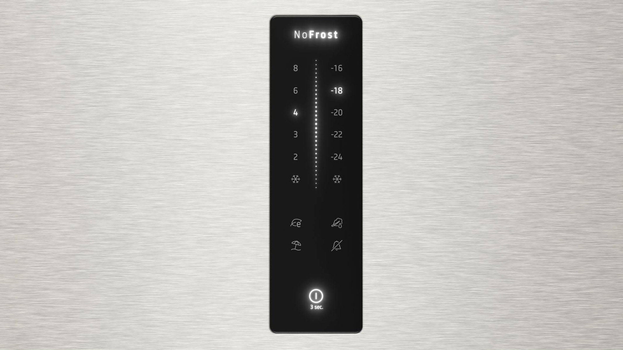 Schwarzes Bedienfeld für einen Kühlschrank. Zeigt Optionen für Temperatur und Einstellungen. Silberner Hintergrund.