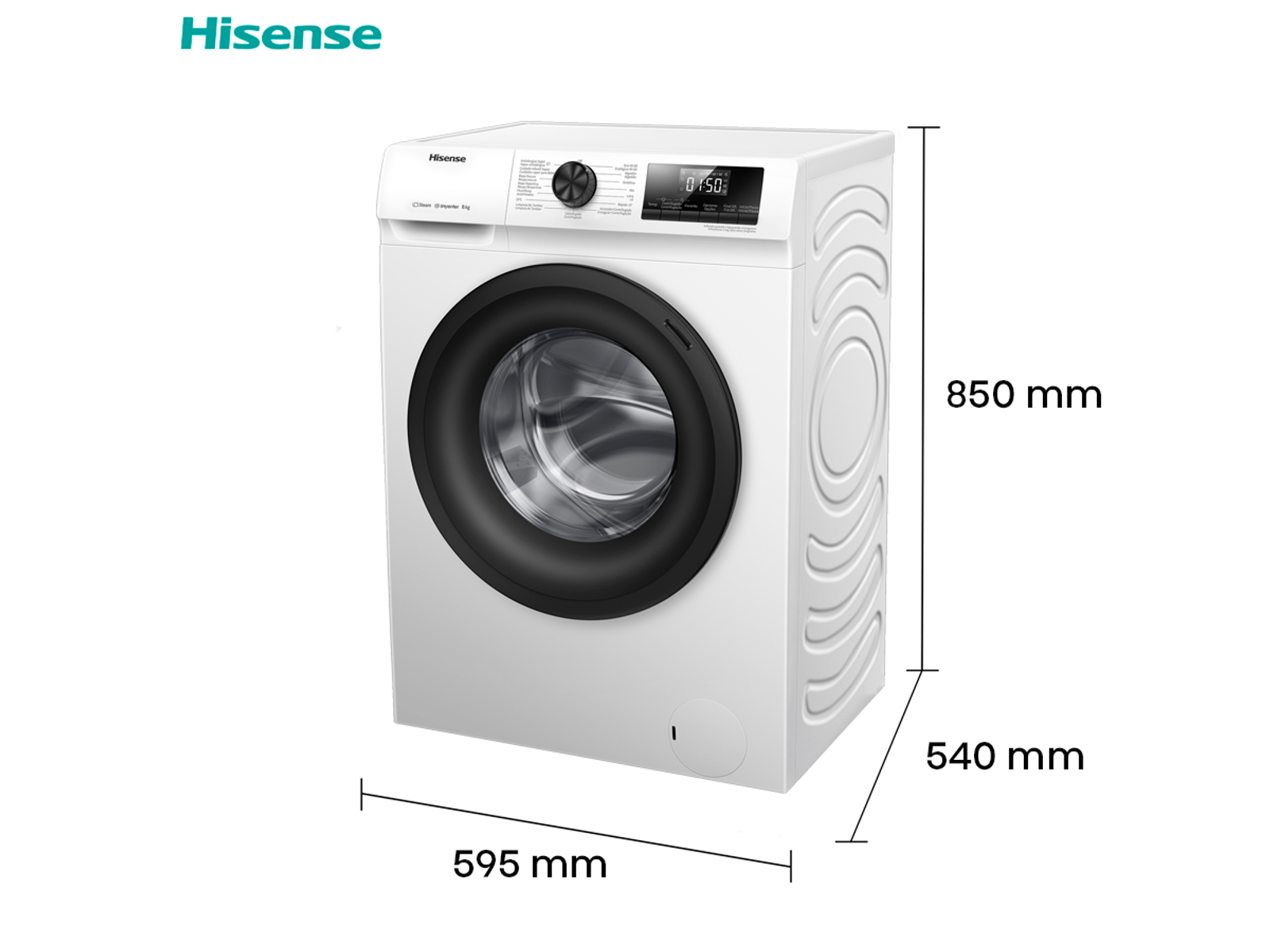 Biała pralka Hisense. Wymiary: 595mm szerokości, 540mm głębokości i 850mm wysokości.
