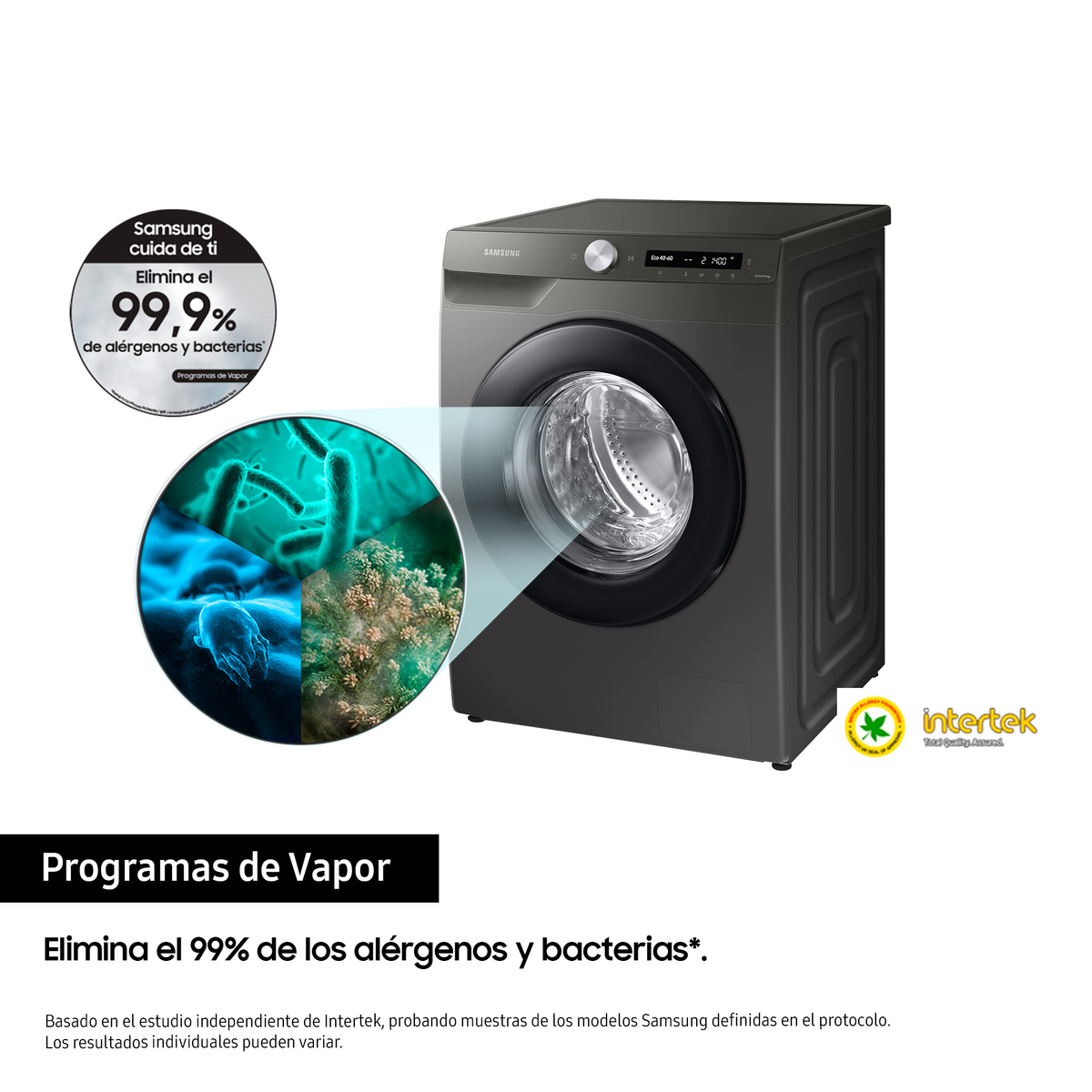 Una lavadora negra con puerta de vidrio y un gráfico que muestra un proceso de limpieza.