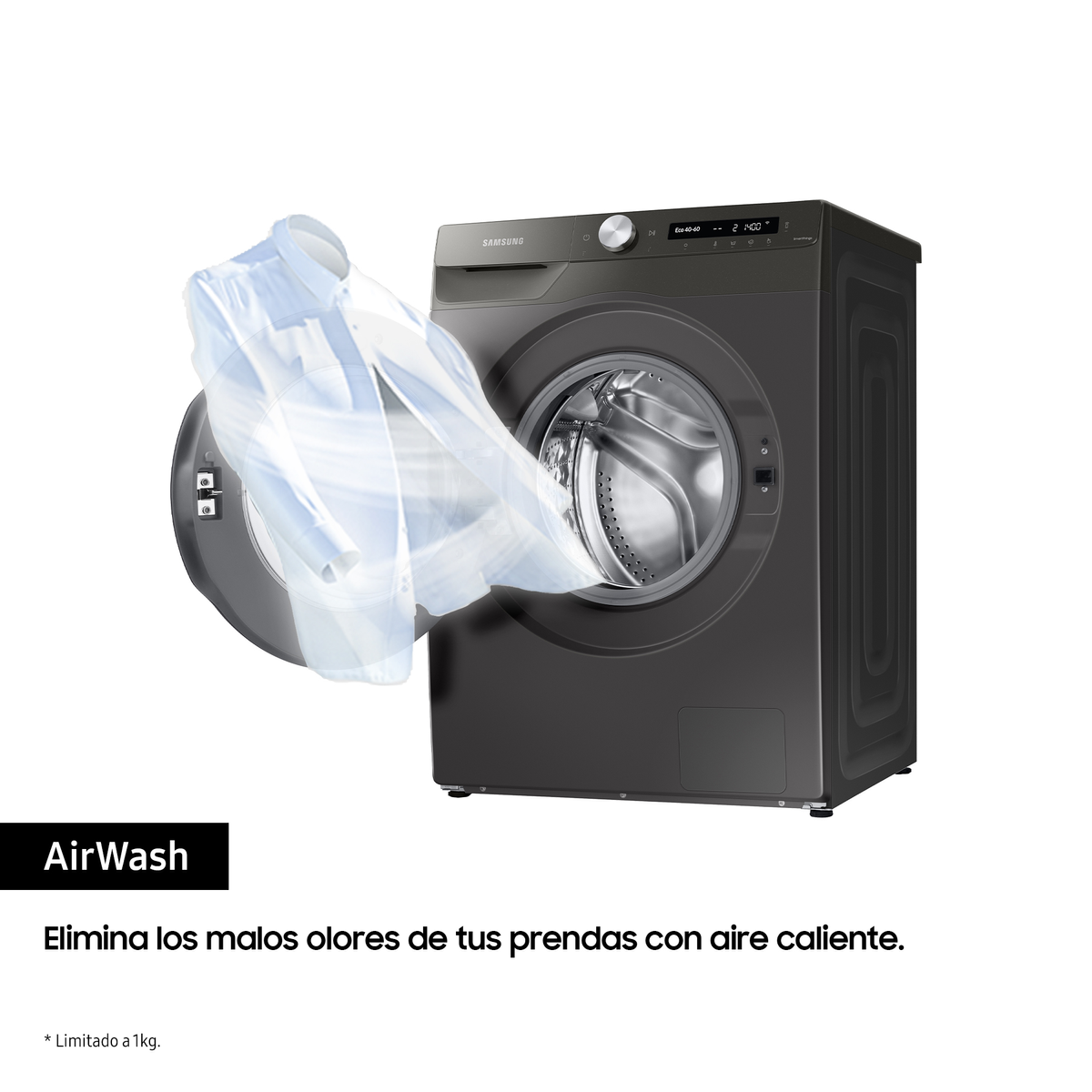 Lavadora con una camisa aparentemente flotando, y texto sobre AirWash.