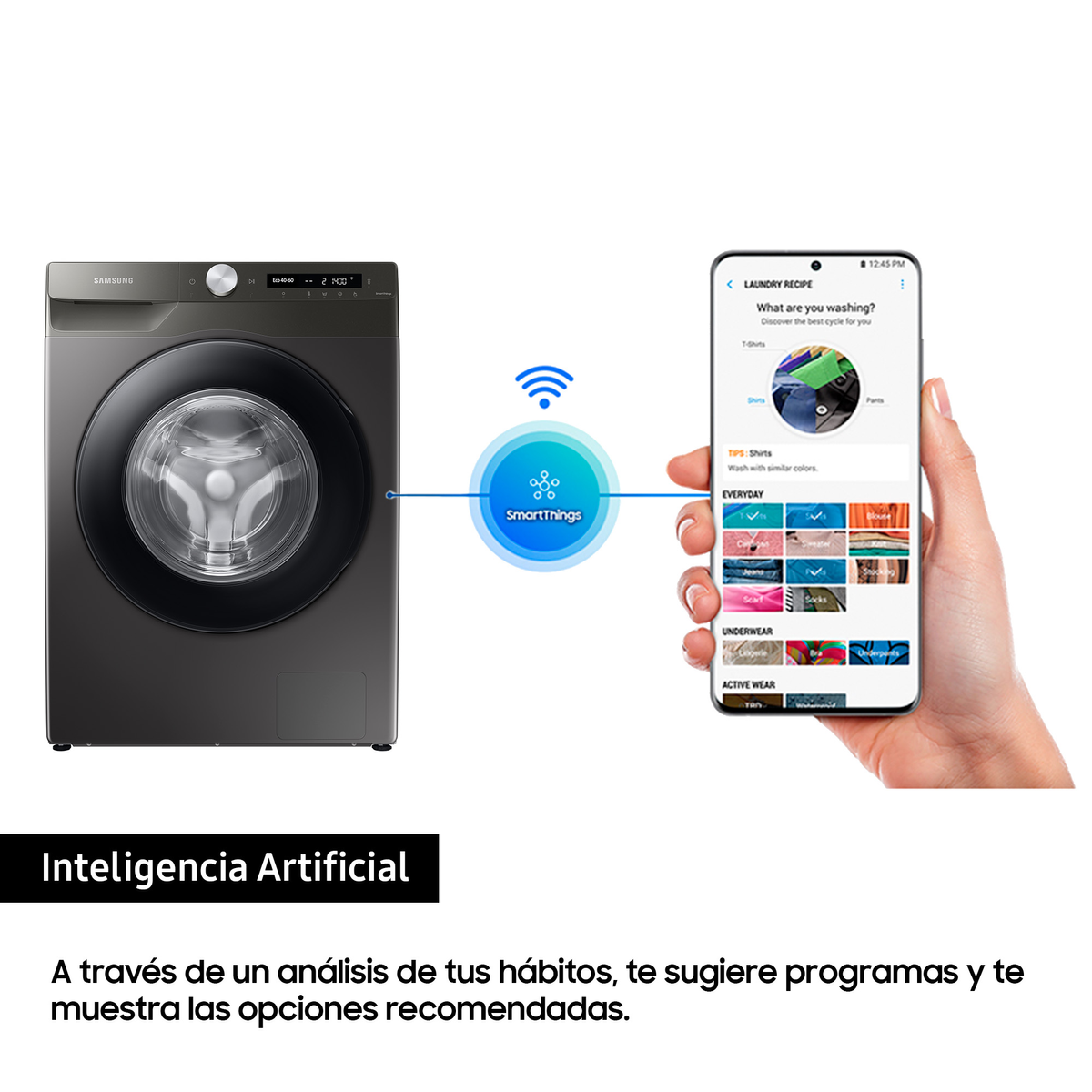Lavadora negra con teléfono conectado que muestra la configuración inteligente de la colada.