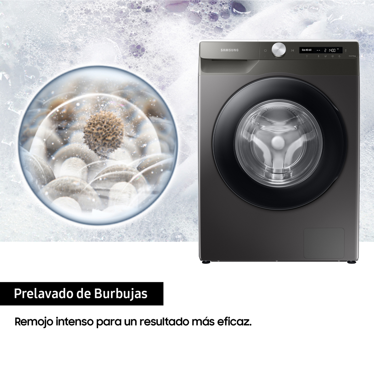 Lavadora con gráfico de burbujas. Lavadora gris. Fondo blanco. Texto en español.