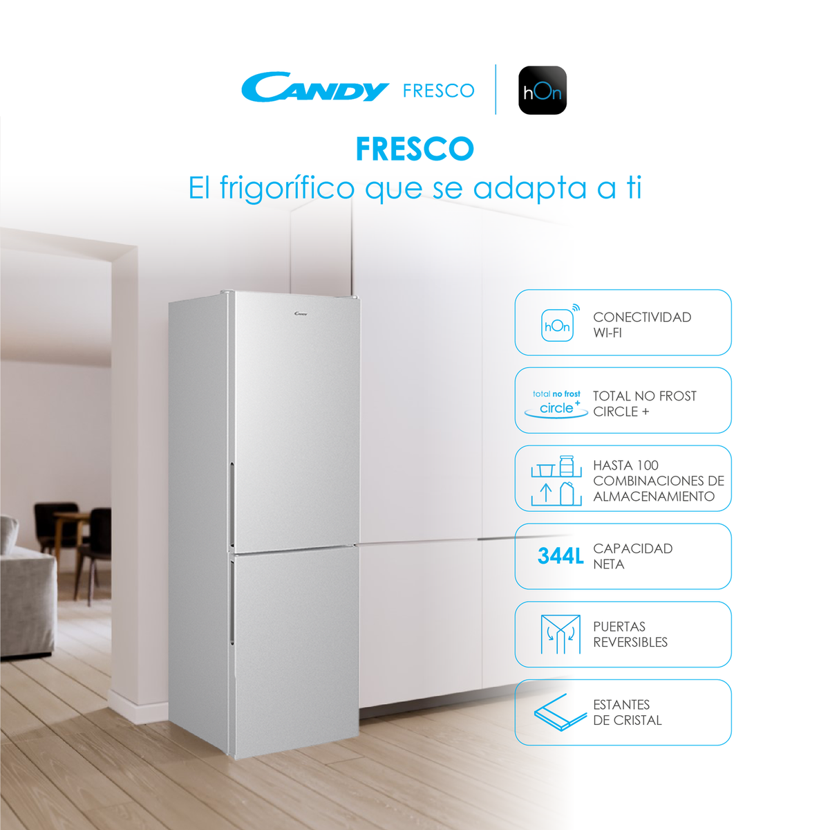 Refrigerador plateado sobre fondo blanco. Destaca 'Fresco' y 'Total No Frost'.