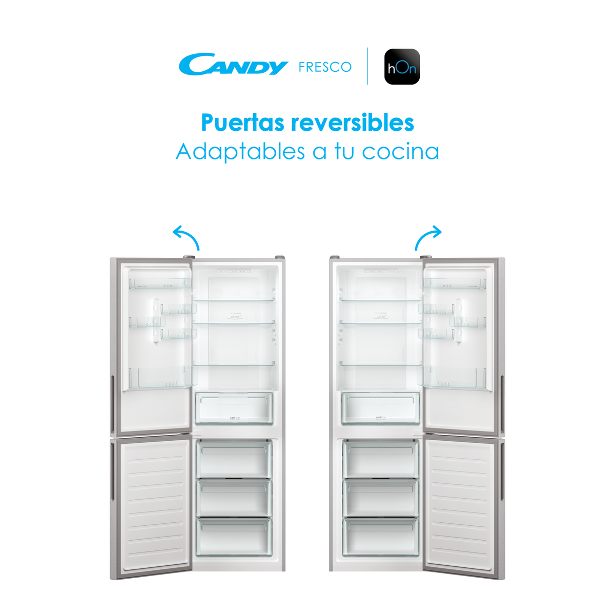 Refrigeradores con puertas reversibles abiertas.
