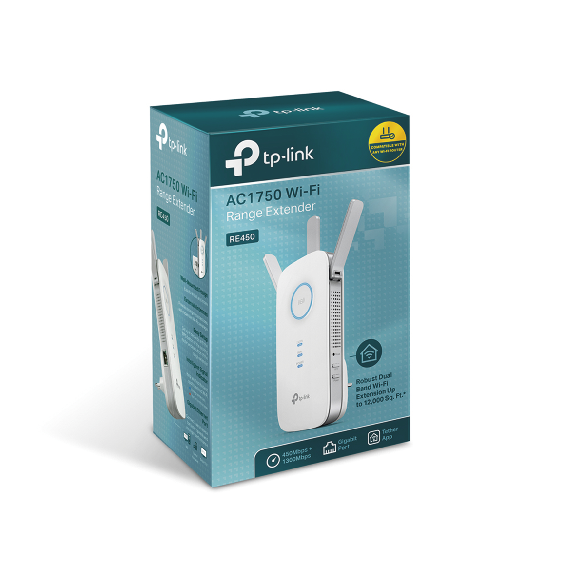 Zapakowany wzmacniacz Wi-Fi, widok z boku. Biało-niebieskie opakowanie ze zdjęciem produktu i tekstem.