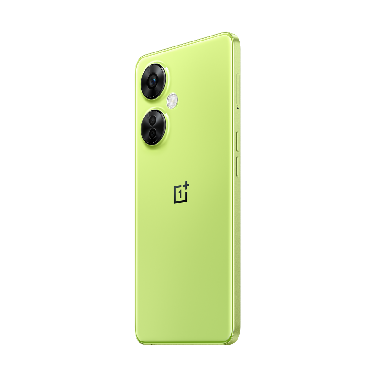Limettengrünes Telefon mit zwei Kameras und schwarzem Hintergrund.