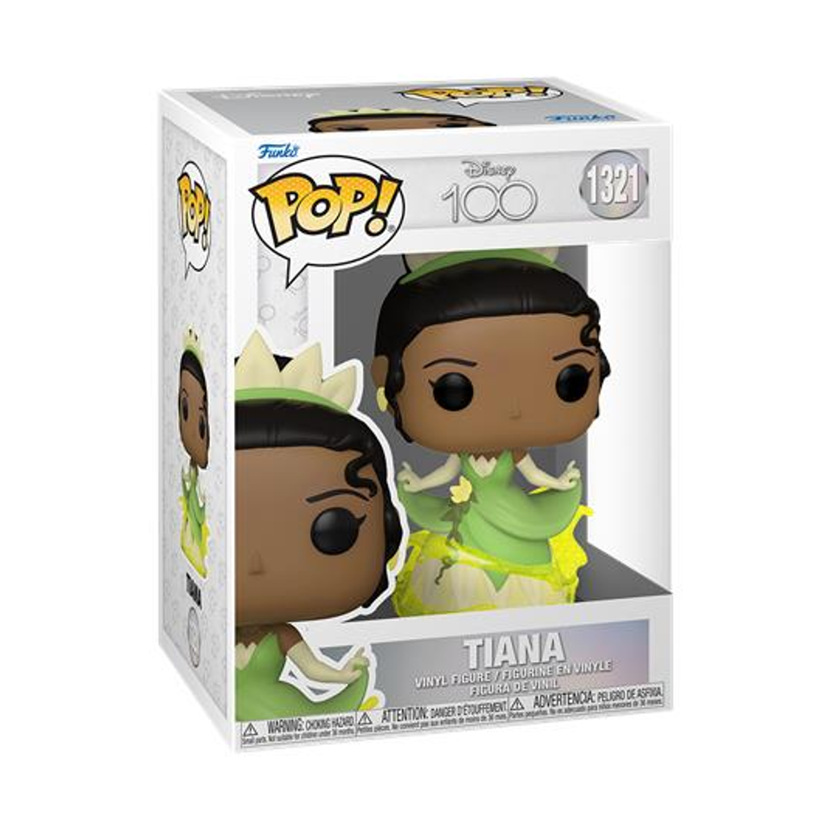 Eine Tiana Funko Pop! Figur in einer Box. Die Figur trägt ein grünes Kleid und eine Krone.