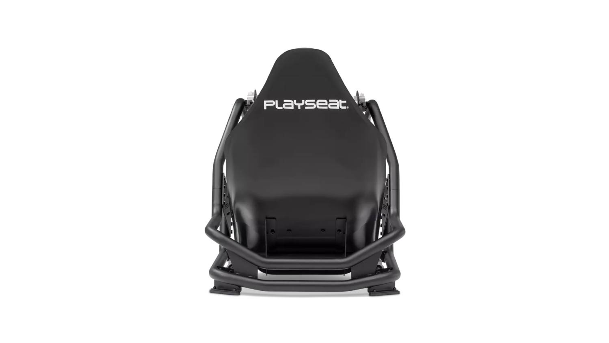 Asiento de carreras Playseat negro con logo blanco Playseat. El marco tubular soporta el asiento.