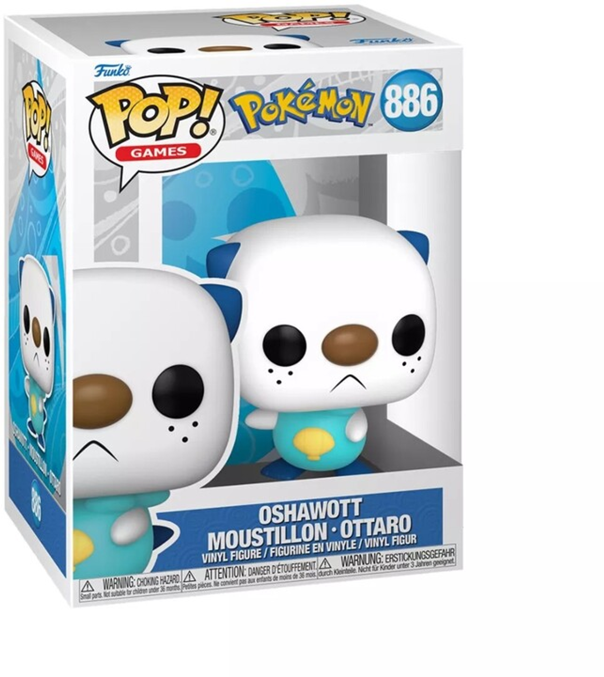 Funko Pop Figur von Oshawott Pokémon. Die Box hat das Funko Pop Logo und Pokémon Branding.