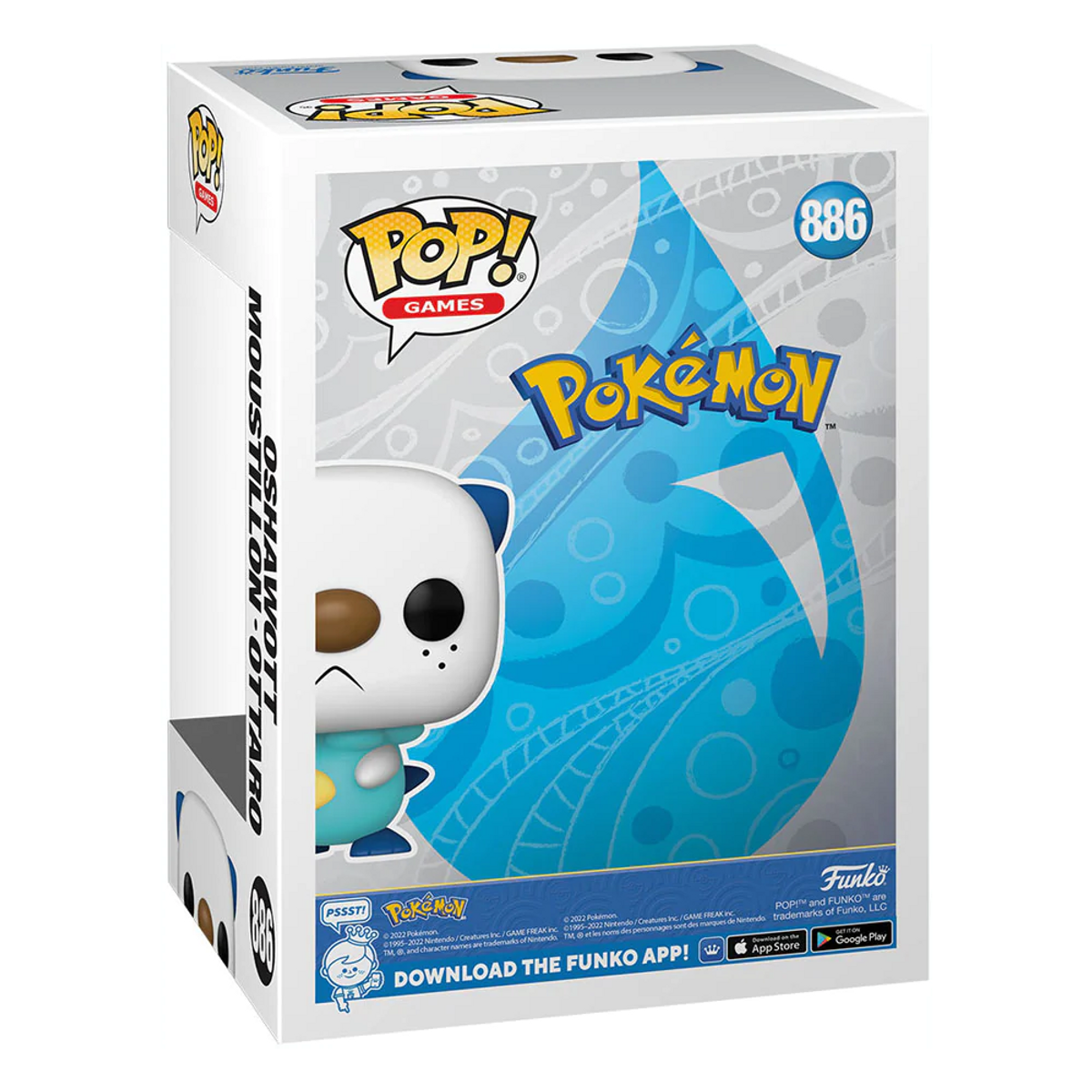 Funko Pop! Box mit Pokémon-Charakter. Zeigt Oshawott. Weiße Box mit blauem Design.