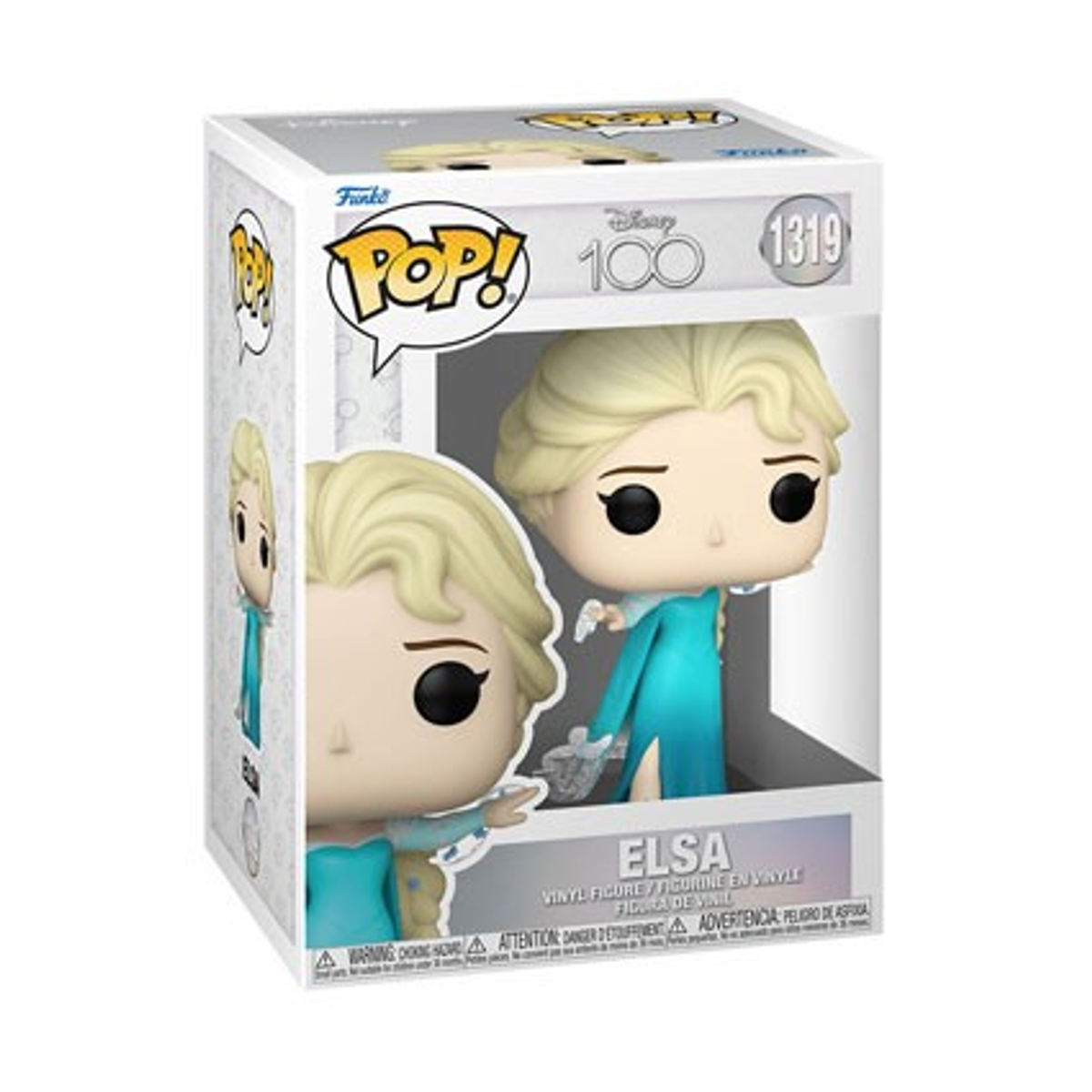 Figura Funko Pop! Elsa en una caja. Elsa lleva su vestido azul y tiene cabello rubio.