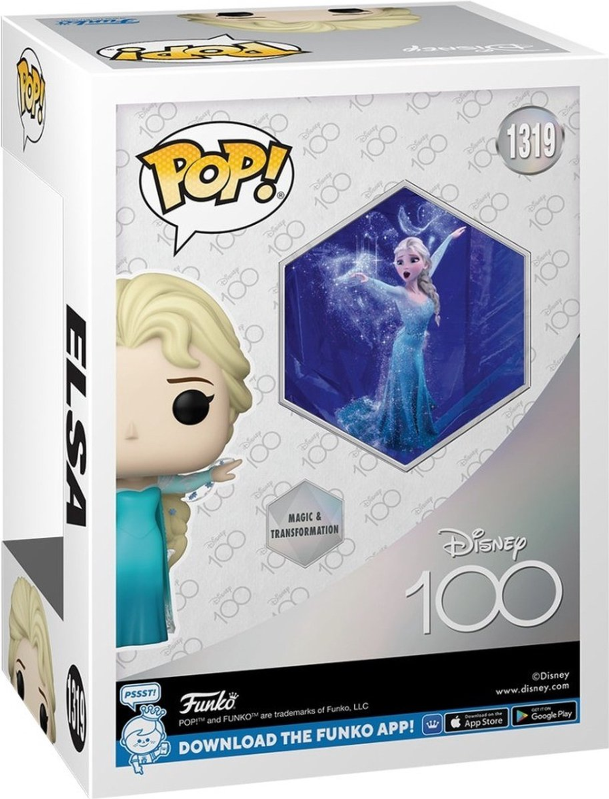 Figura de Elsa Funko Pop en caja con el logo Disney 100, con imagen de Elsa.