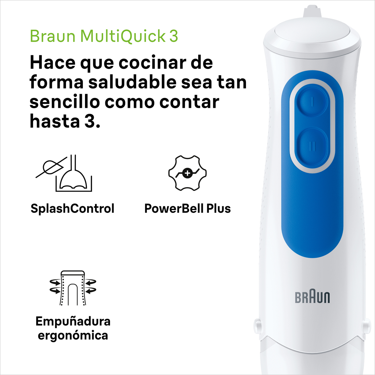 Blender ręczny Braun MultiQuick 3 z niebieskimi akcentami. Tekst i ikony również na zdjęciu.
