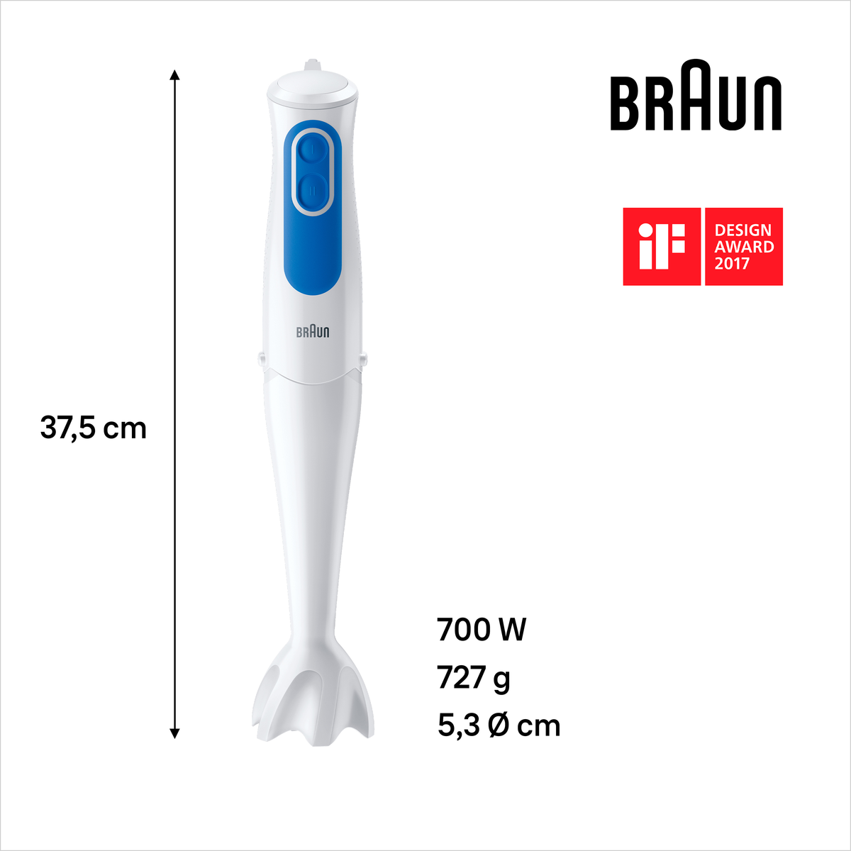 Biały i niebieski blender ręczny Braun z wymiarami i nagrodami.