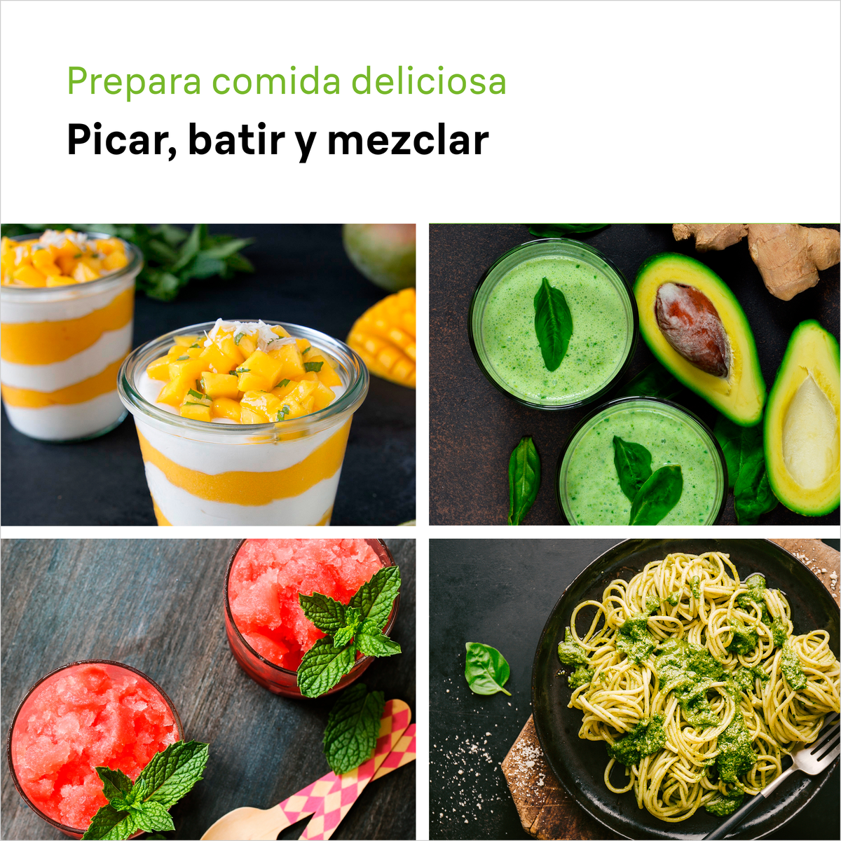 Zbiór potraw z mango, zielonym i czerwonym jedzeniem.