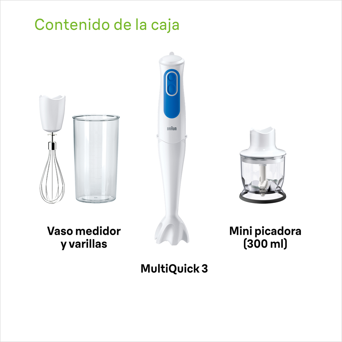 Biały zestaw blendera ręcznego z wieloma nasadkami, w tym trzepaczką, miarką i rozdrabniaczem.