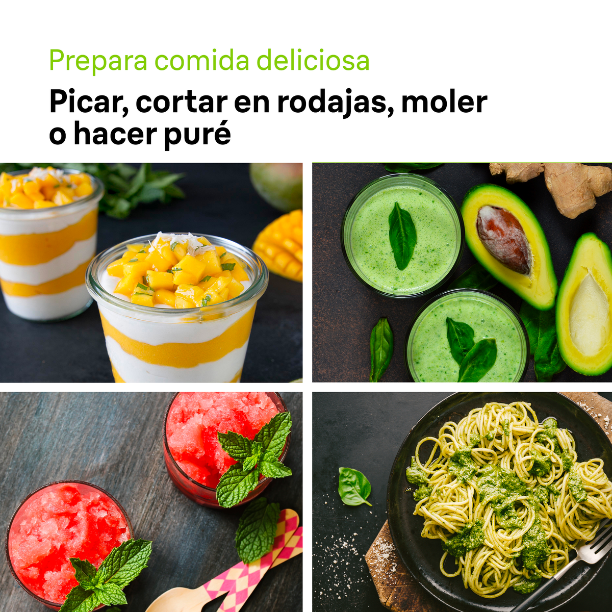 Przygotowywanie jedzenia z czterema obrazami: desery z mango, zielone koktajle i makaron.