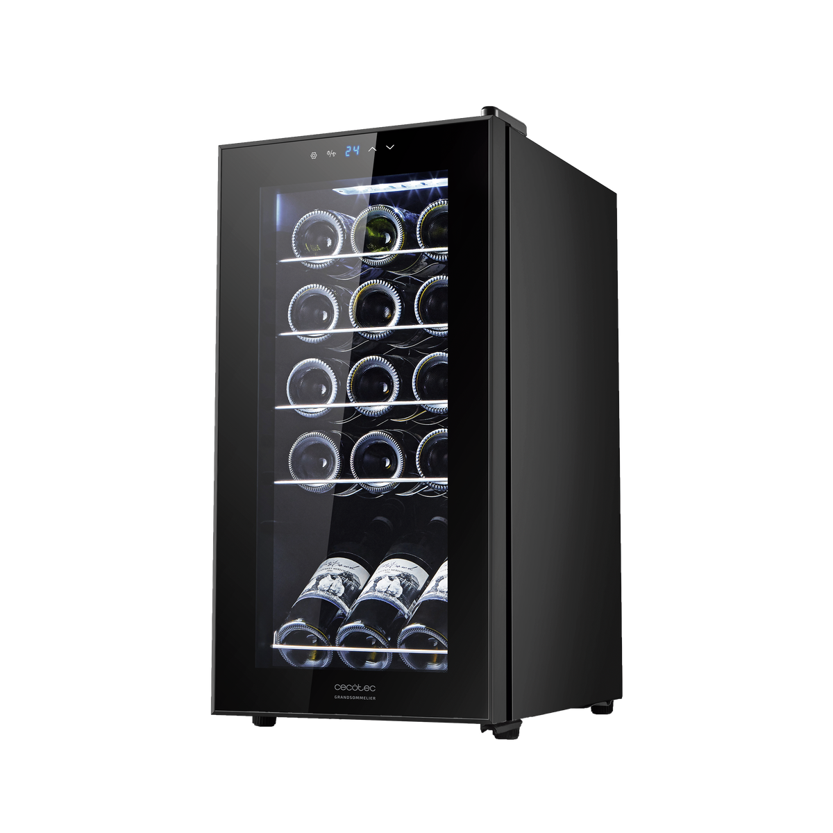 Czarna chłodziarka do wina z butelkami w środku, szklanymi drzwiami i wyświetlaczem cyfrowym.