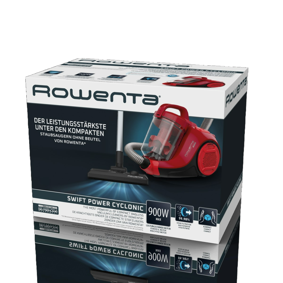 Pudełko odkurzacza Rowenta. Czerwona grafika odkurzacza, białe pudełko.