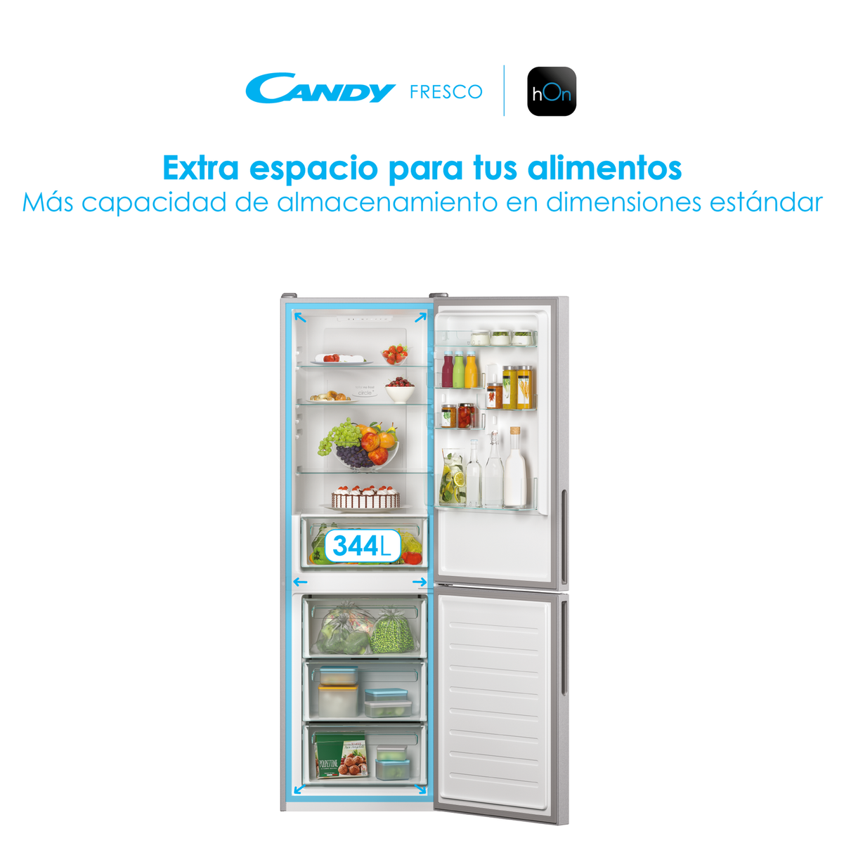 Un refrigerador con la puerta abierta, mostrando estantes con alimentos. Hay detalles azules.