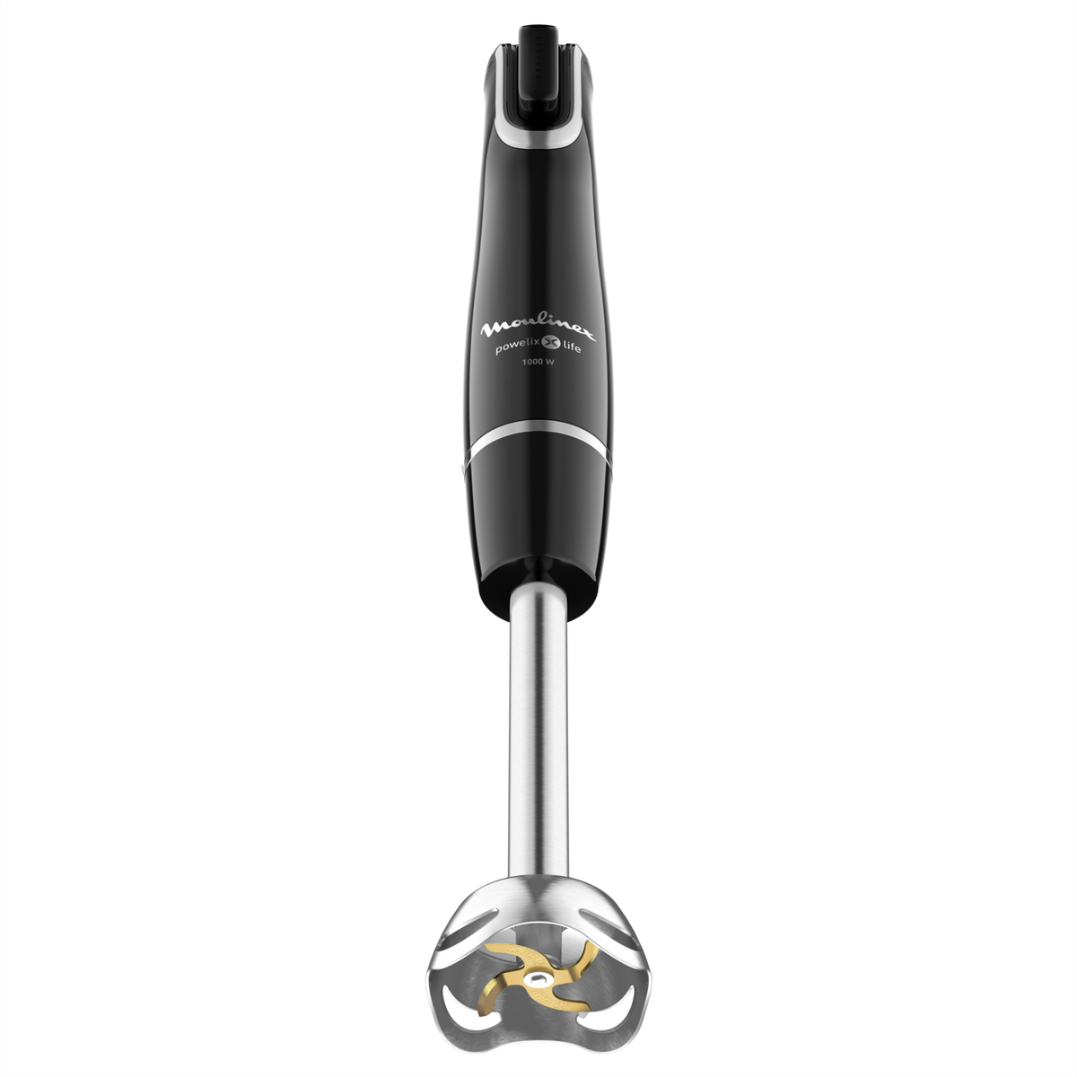 Czarny blender ręczny. Widoczna nazwa marki. Blender ma srebrne ostrze.