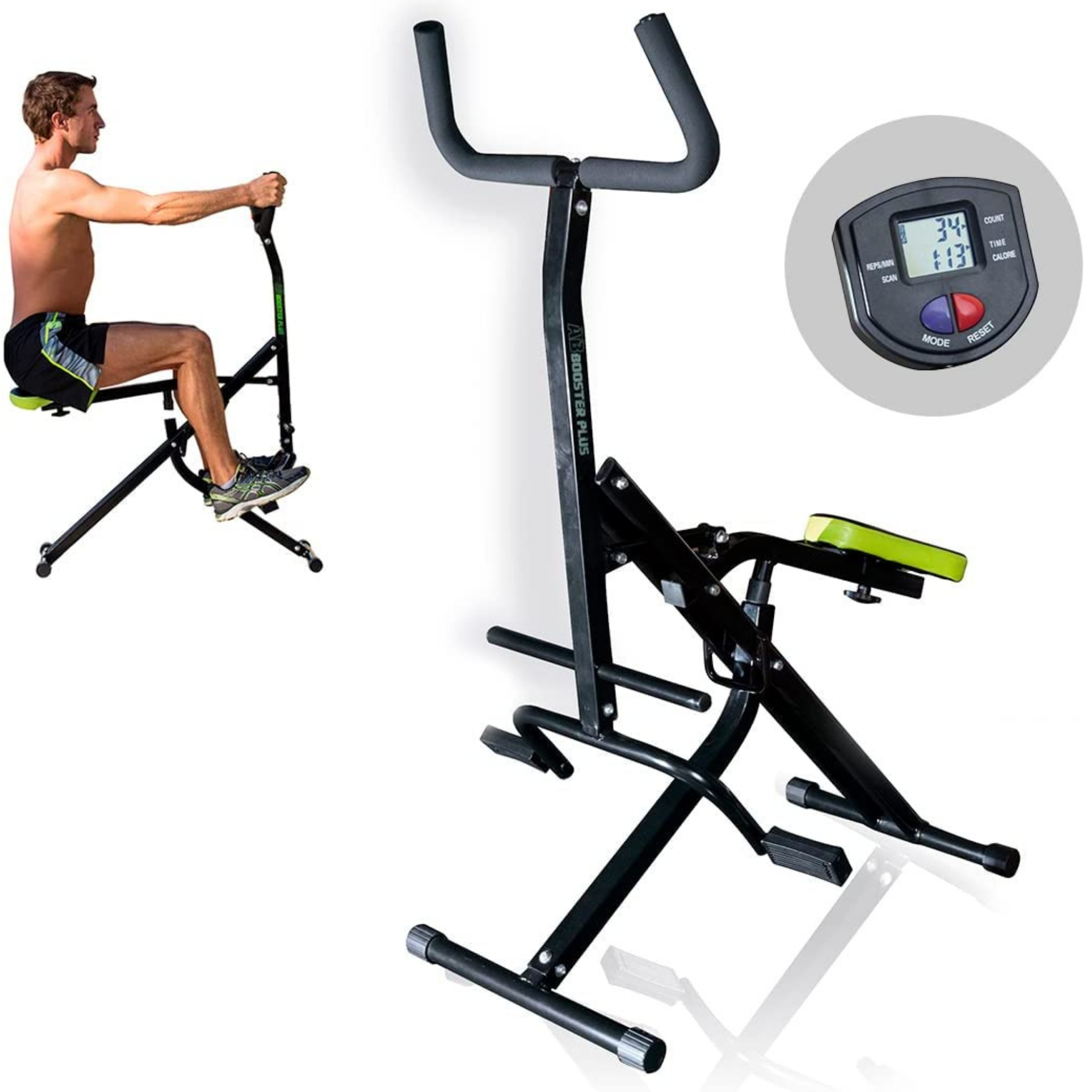 Mann benutzt Total Body Booster Plus Maschine. Maschine und Display sind ebenfalls gezeigt.