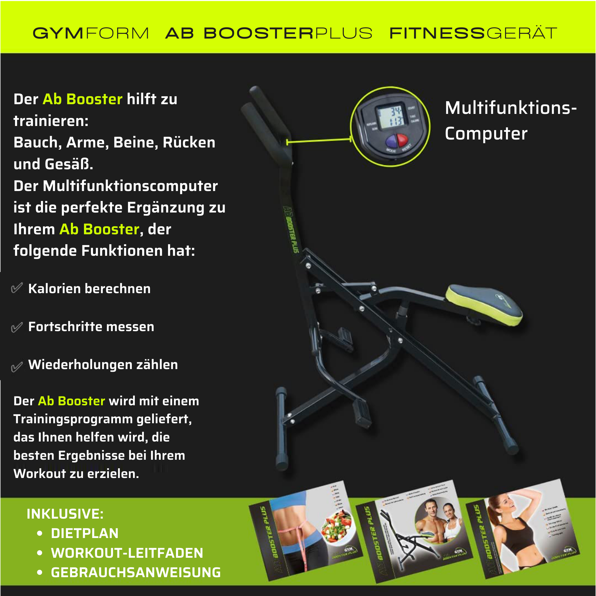 Trainingsgerät mit Digitalanzeige, zeigt Trainingsdaten und enthaltenen Diätplan.