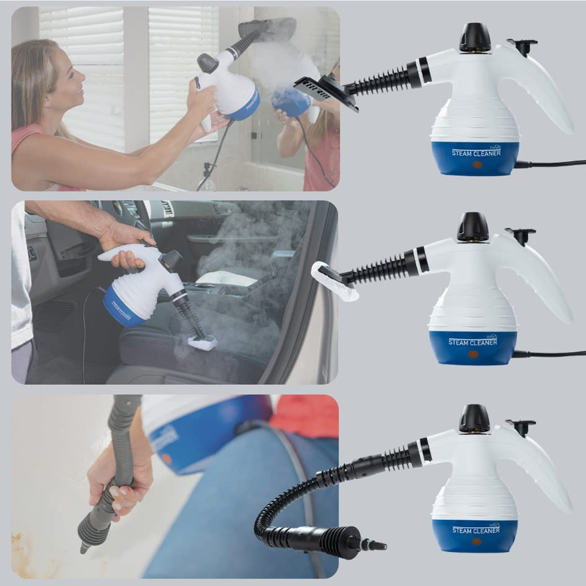 Femme nettoyant avec un nettoyeur vapeur. Trois images, montrant l'utilisation sur plusieurs surfaces.